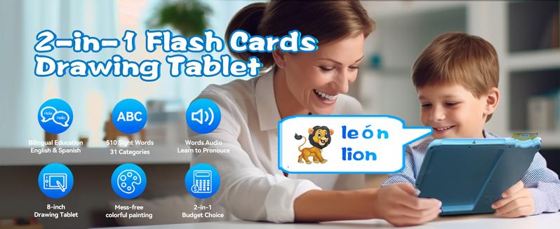 English & Spanish LCD Writing Tablet - Tri-Mode Language Switch with Flash Cards Three-in-One Design, Durable & Erasable, Eye Protection, Ideal for Autism Therapy - Perfect Holiday Gift for Home Learning Charging Kid Portable Screen Rechargeable Toddler