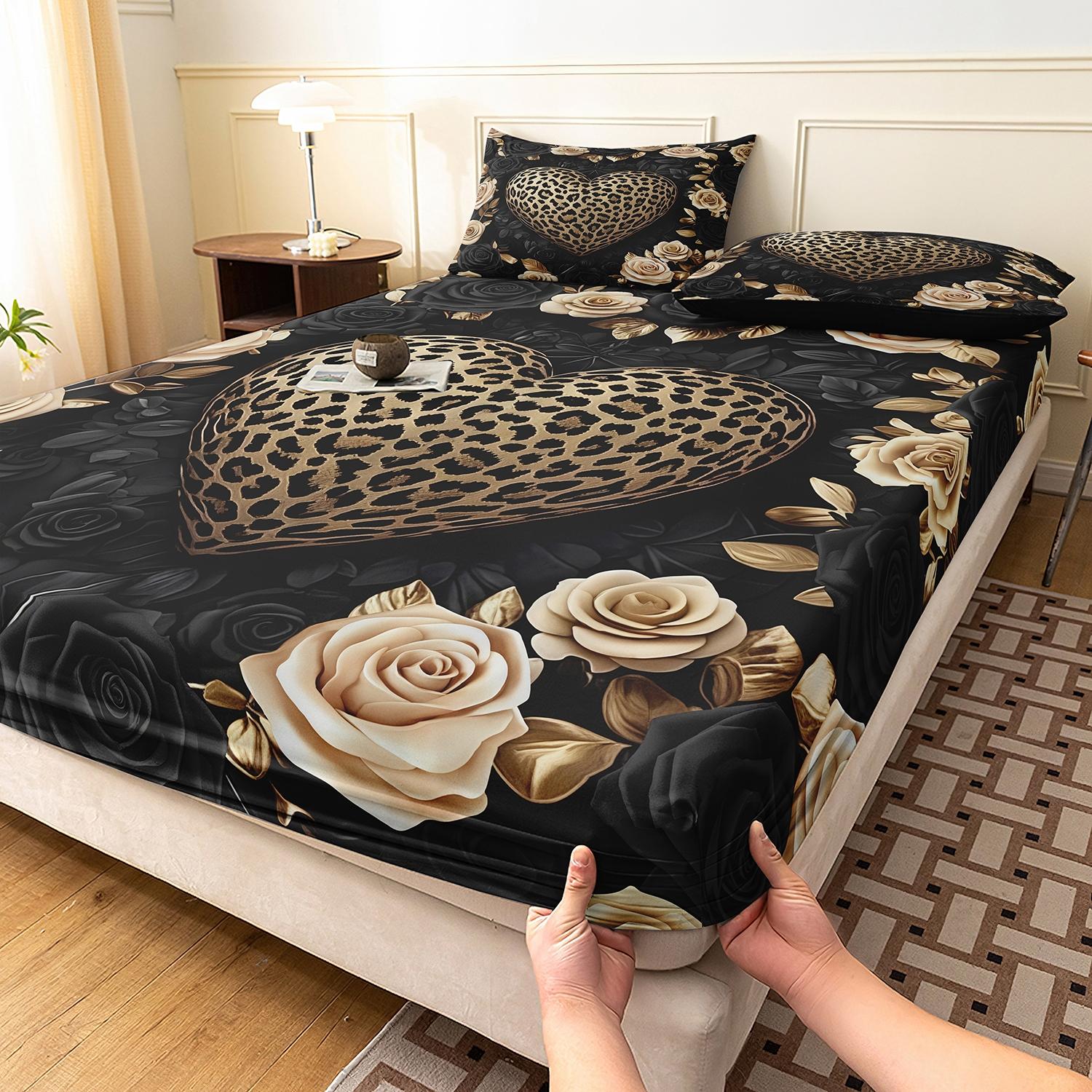 3Pcs Leopard Print Heart Rose Fitted Sheet Set, Soft Microfiber Deep Pocket Non-Slip Bed Sheet with 2 Pillowcases, Luxury Aesthetic Bedding Set for Bedroom Decor