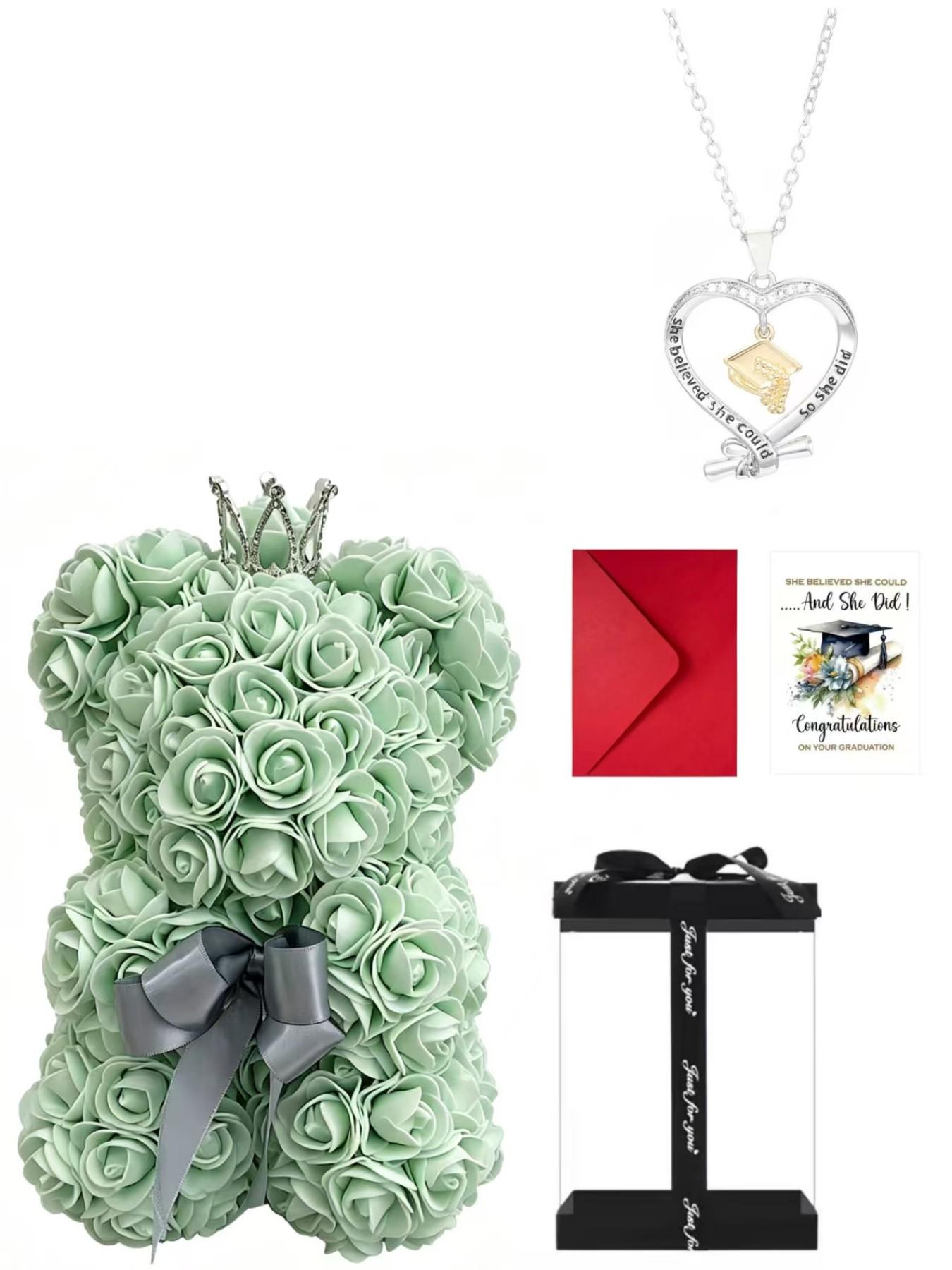 Graduation Gift Set, Handmade Crown Rose Bear Box, Bachelor Hat Necklace, Small Bear Set, Perfect Graduation Present for Friends