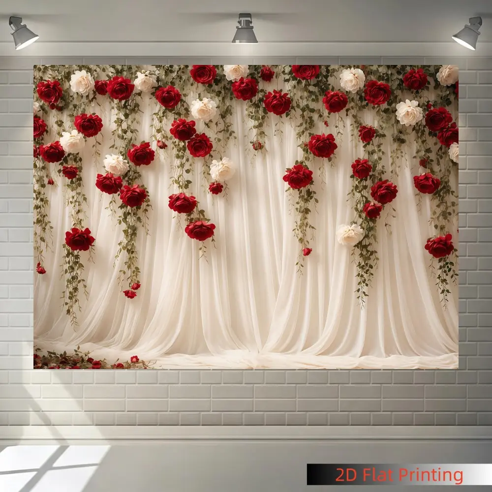1PC 2D Flat Red Rose White Drape Wedding Horizontal Photography Backdrop, Flowing Cream White Drapes Hanging Red Roses And Cream Floral Vines Romantic Wedding Arch Background, Wedding Party Decoration, Photo Booth, Bridal Portrait, Studio Shooting
