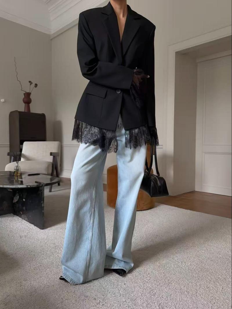 Women's Pure Color Woven Fabric Lace Patchwork Button Waistcoat Jacket, Office Evening Date Formal Banquet Fall Winter