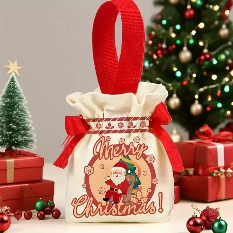 6 Piece Holiday Gift Bags, Christmas Drawstring Pouches, Reusable Fabric Bags with Bow and Snowflake Design, Perfect for Weddings and Parties