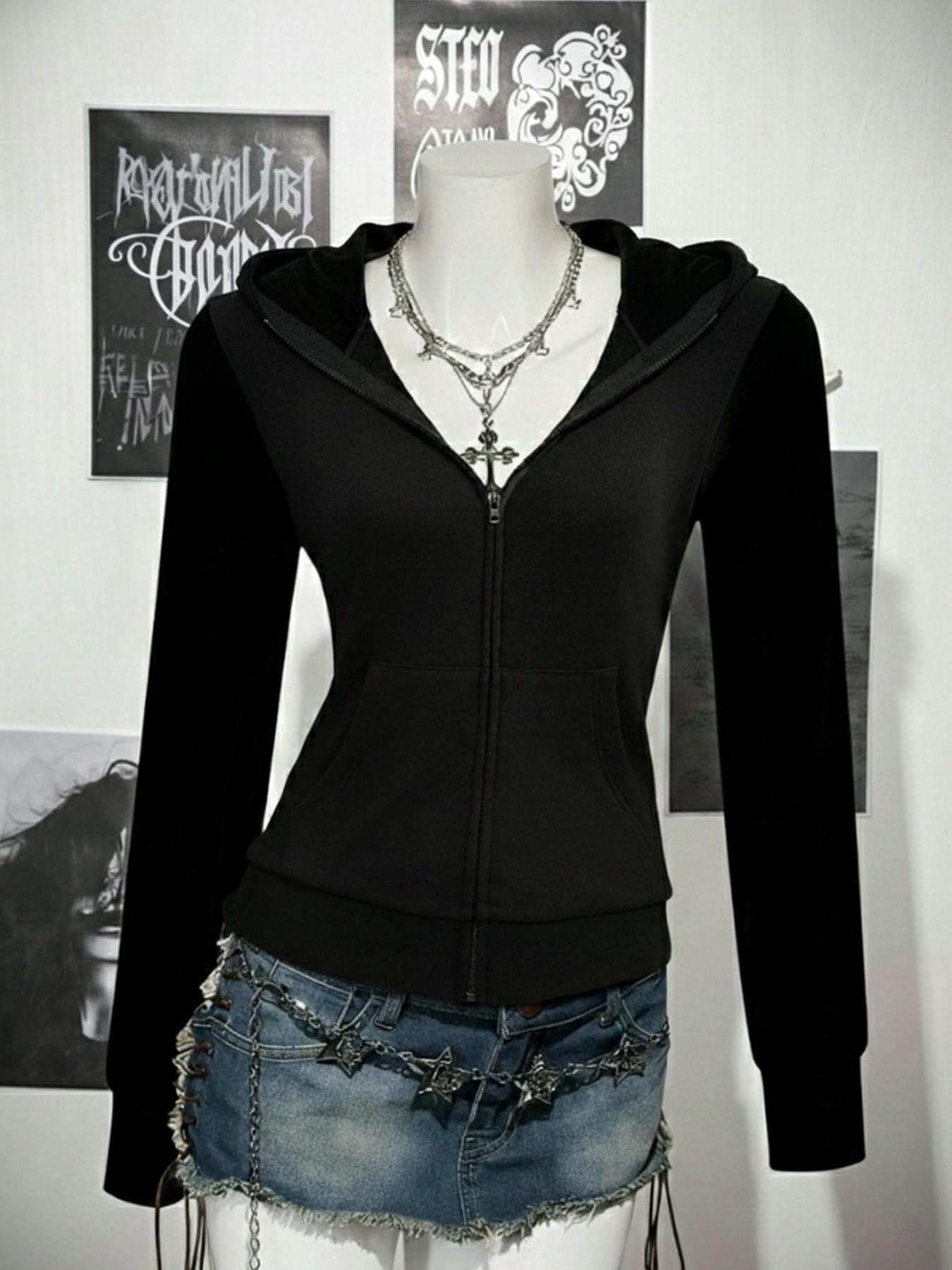 Womens Slim Fit Zip Up Hoodie Black Hooded Kangaroo Pocket Gothic Grunge Y2K Baddie Streetwear Alt Style Concert Night Out Fall Winter Street Fashion Apparel