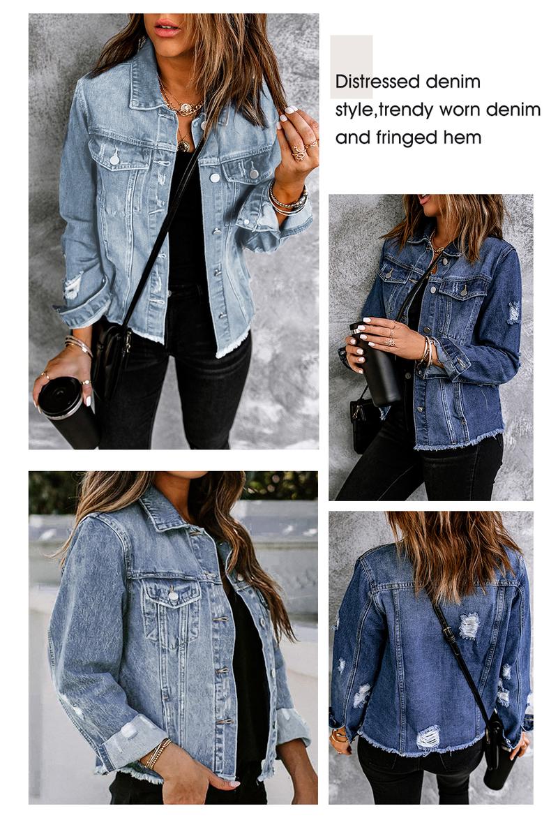 EVALESS Women's Casual Short Jean Jackets Non Stretch Distressed Ripped Boyfriend Washed Coats Lapel Long Sleeve Denim Jacket Outwear Tops 2026 Womenswear Spring Winter Outfits