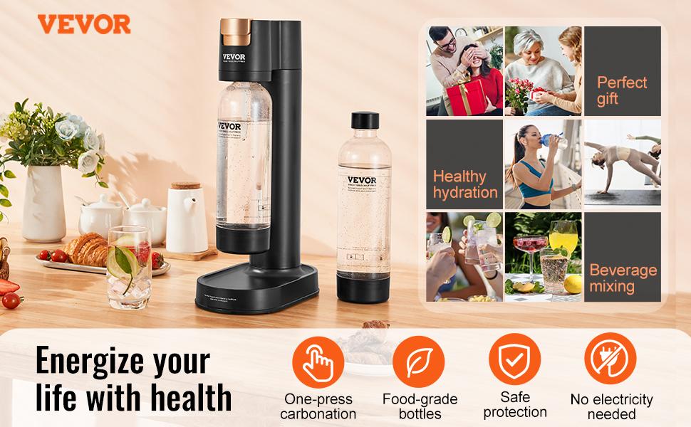 VEVOR Automatic Plastic Sparkling Water Maker Soda Starter Kit - Travel-Friendly, Natural, Additive-Free, Sugarless Carbonation, 2 BPA-Free 1L PET Bottles, Mainstream Screw-In 60L CO2 Cylinders Compatible (Not Included), Black