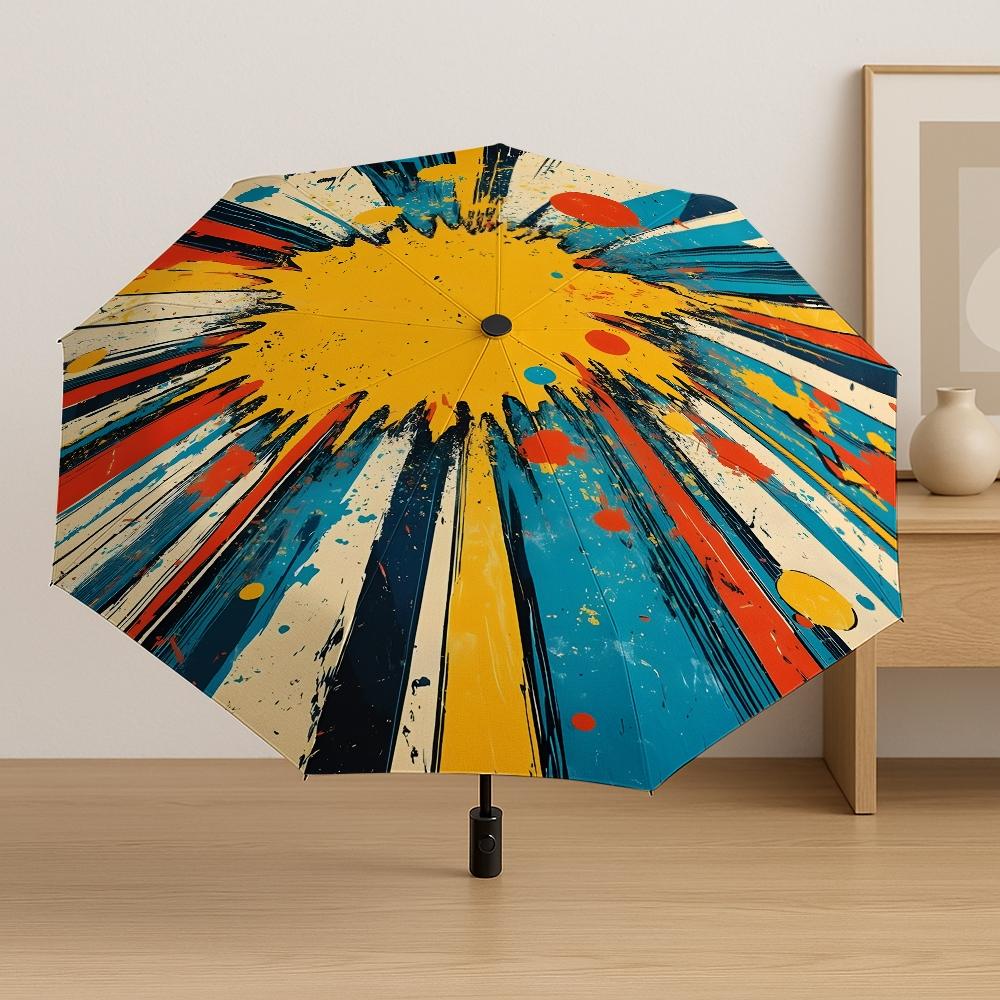 Comic Explosion Wind Resistant Foldable Automatic Umbrella Vintage Splatter Bold Colors, Functional Photo Prop, Portable 8 Ribs, Great Gift for Christmas & Valentine's Day