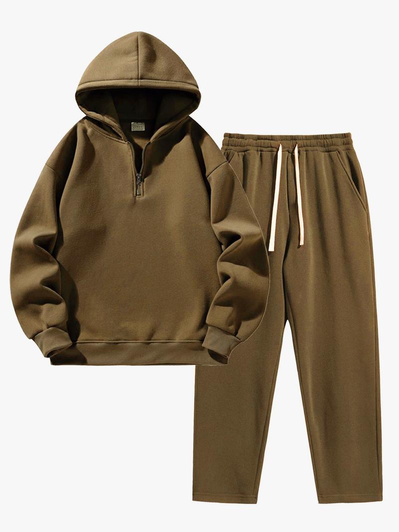 Men's Plain Two-piece Sweatsuit Set, Basic Regular Fit Casual Drop Shoulder Half Zip Hoodie & Pocket Drawstring Sweatpants, Men's Clothing