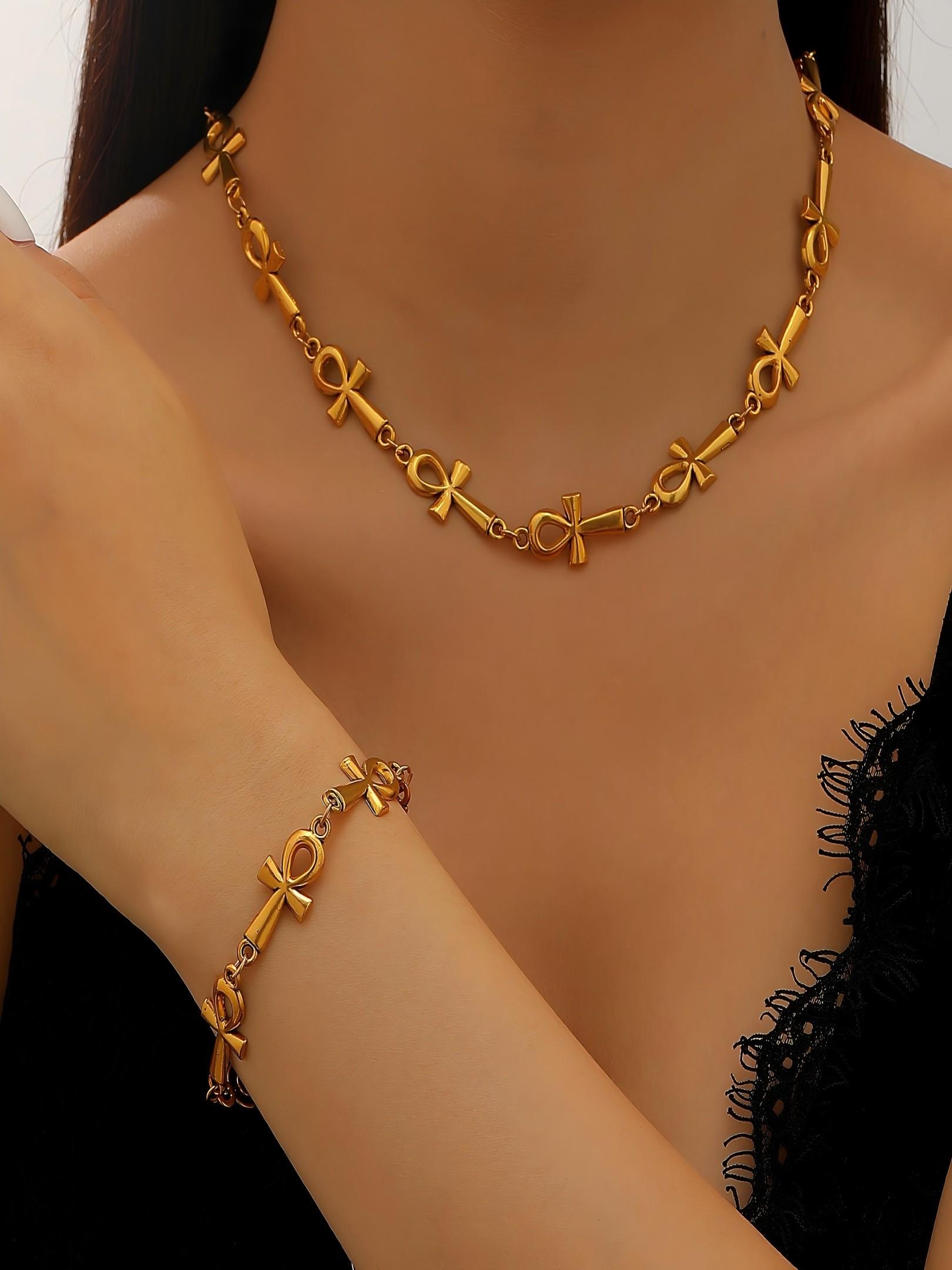 Anka Cross Necklace Bracelet Set, Alloy Hip Hop Retro Unisex Daily Wear, Lifeforce Symbol, Fade-Resistant, Adjustable, Trendy Street Style