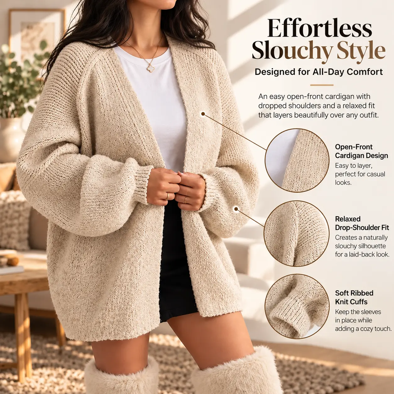 Women’s Oversized Knit Cardigan, Bubble Puff Sleeve Open Front Chunky Sweater Coat, Soft Loose Fall Casual Outerwear
