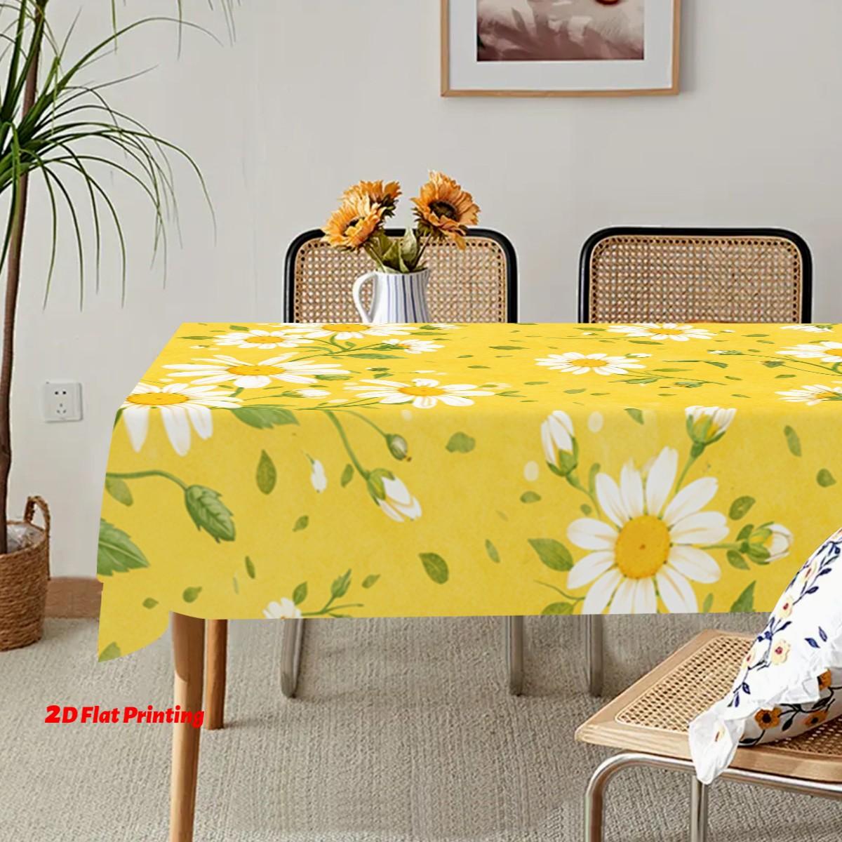 Floral Tablecloth, Bright Daisies, Easy-Clean Polyester, Rectangular Dining Table Cover, Party, Wedding, Home Decor