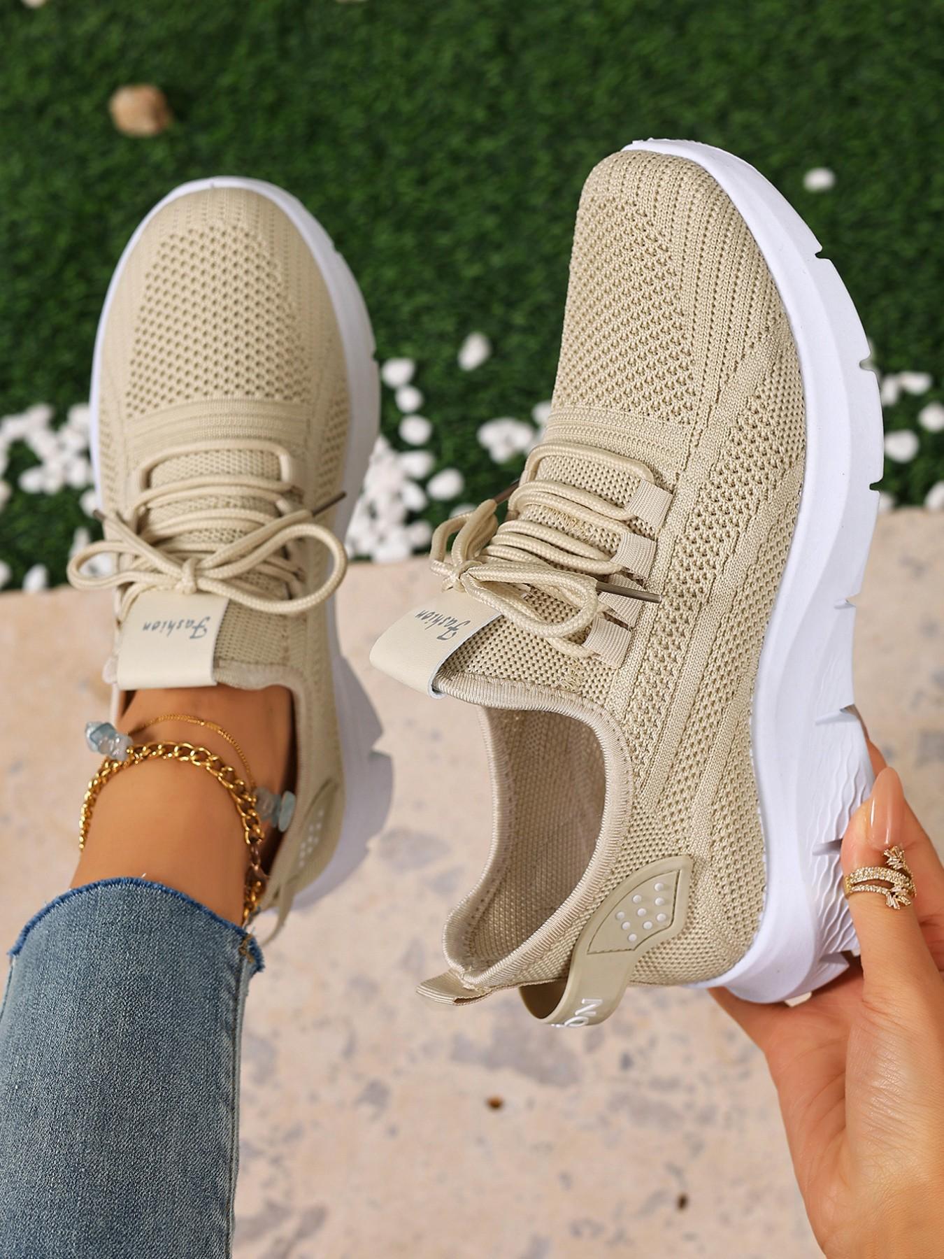 Women's White Knitted Running Sneakers - Spring/Summer New Arrival Breathable, Lightweight, Non-Slip Casual Shoes Athletic Running Shoes Suitable for Daily Outings, Fitness, and Travel