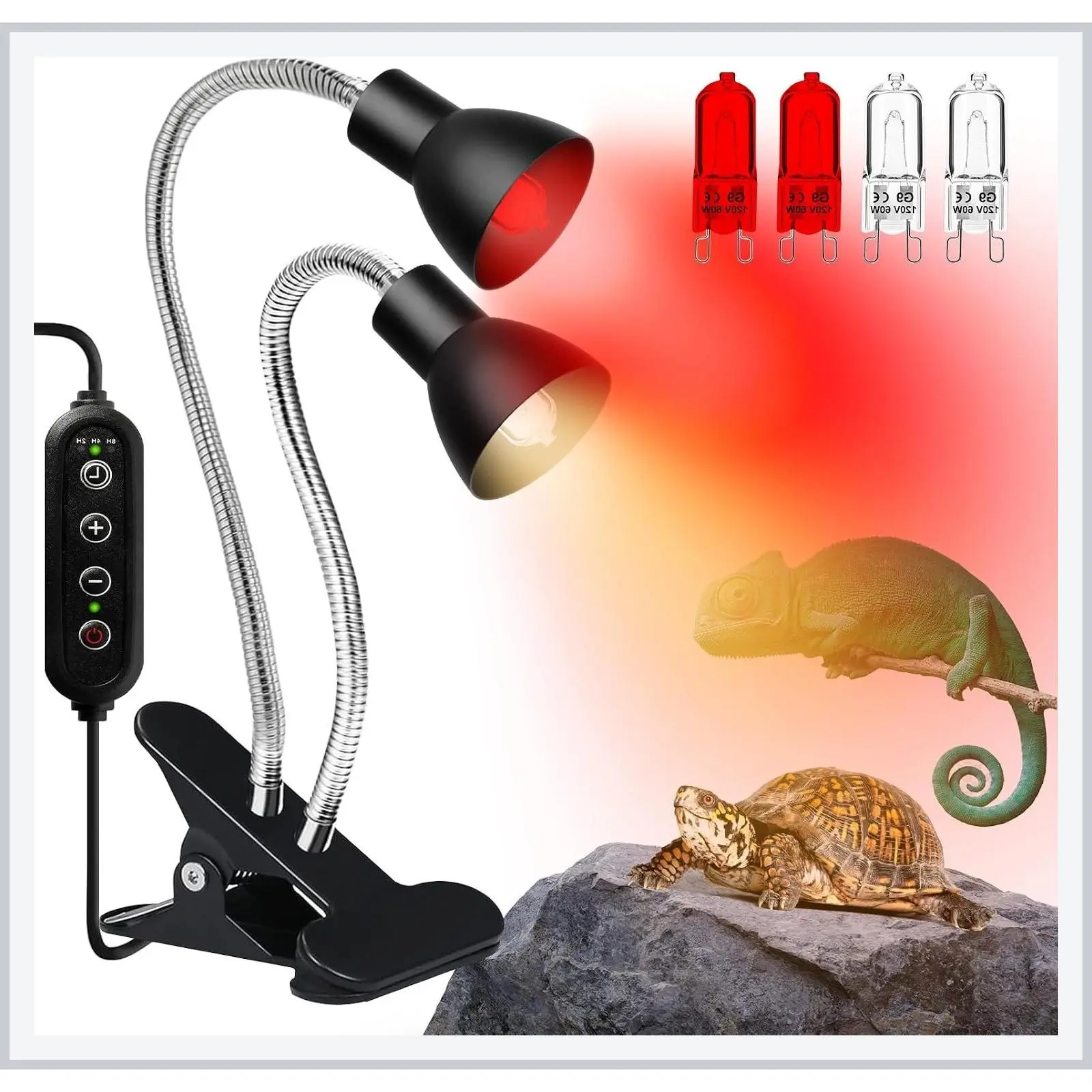Reptile Heat Lamp with UVA UVB Light, Dimmable 360° Gooseneck Basking Bulb for Turtle, Bearded Dragon, Tortoise, Snake, Lizard - Includes 60W G9 Mini Halogen Bulbs, White & Red (4 Pack)Gift