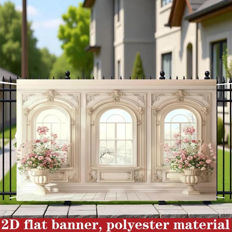 French Vintage Arch Background Cloth, European Floral Window Scene Rose Vase Photo Hanging Cloth, Wedding Birthday Party Decor