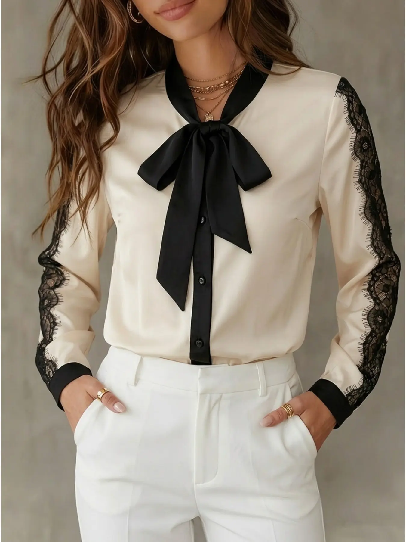 Elegant Women's Long Sleeve Collared Patchwork Lace Trim Tie Shirt, Fall Fashion Top, Chic Stylish Ladies Blouse, Perfect for Autumn