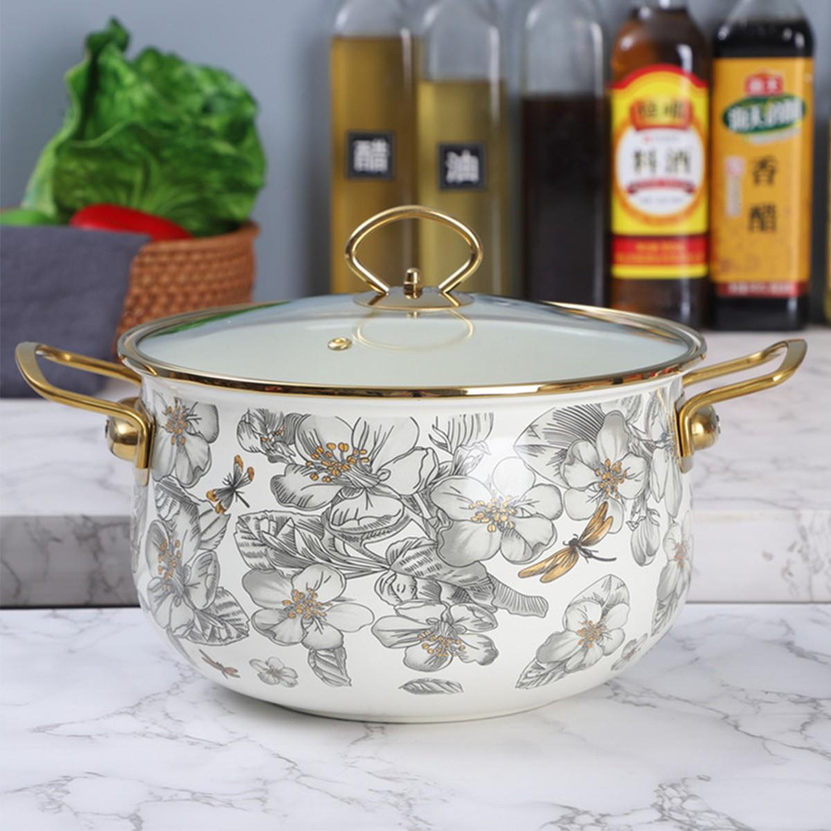 Flower Pattern Stockpot with Lid, Ceramic Soup Pot with Handle, Large Capacity Cooking Pot for Home Kitchen, Double Ear Design