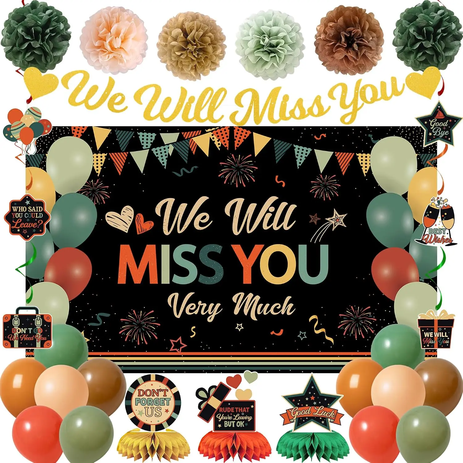 Vlipoeasn Colorful Vintage Farewell Party Decor Set for Men-Women, Including Backdrop Banner, Honeycomb Centerpieces, Swirled Hanging Ornaments, Party Decor Supplies, Polyester, Going Away