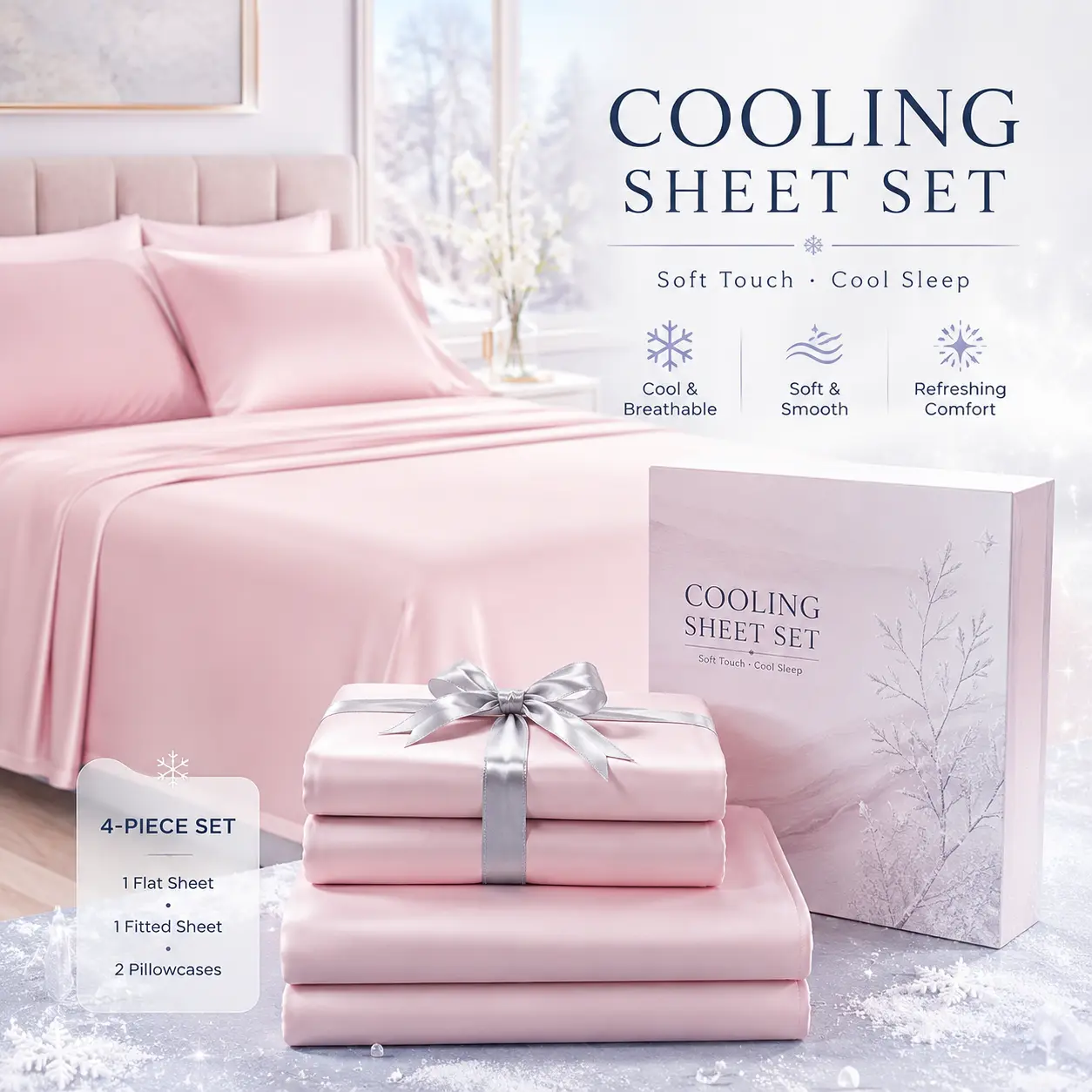 OS OMYSTYLE  3/4 Pcs Bamboo Cooling Sheet Set, Soft Breathable Bed Sheets with 16-Inch Deep Pocket Fitted Sheet, Flat Sheet & 1/2 Pillowcases, Moisture-Wicking Easy-Care Bedding for Hot Sleepers, Children & Kids Bedrooms