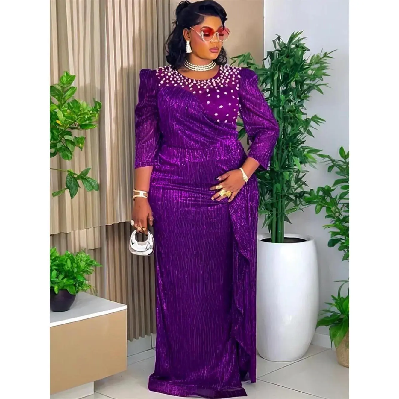 Plus Size African Party Dresses for Women Dashiki Diamond Bodycon Slit Long Dress Elegant Turkey Muslim Wedding Evening Gown
