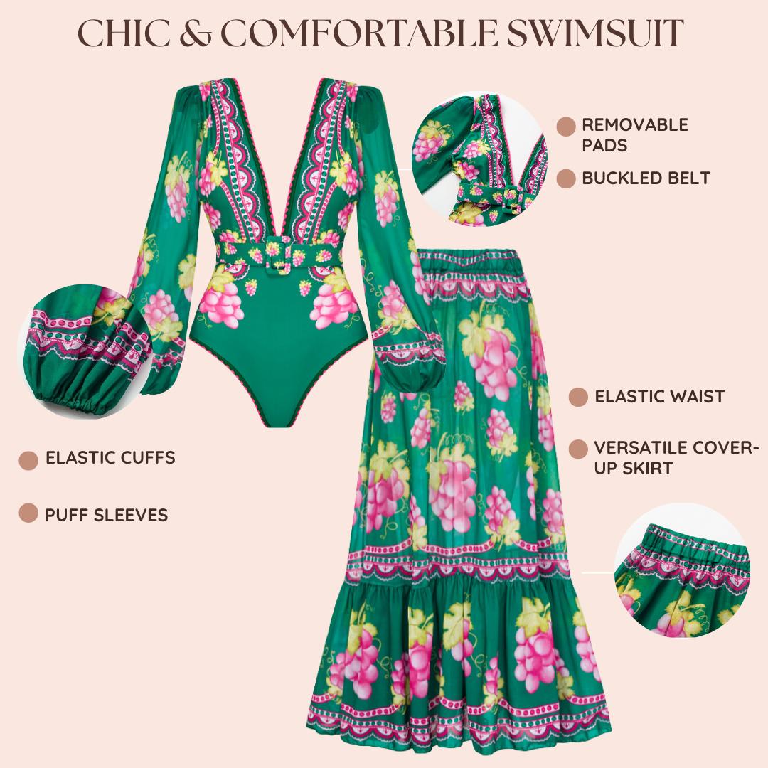 FLAXMAKER Women's Green Grapes Print V Neck One Piece Swimsuit and Matching Cover Skirt Set Beach Swimwear Swimdress Swimset Bathing Suit Stylish Beachwear #TikTokShopBlackFriday