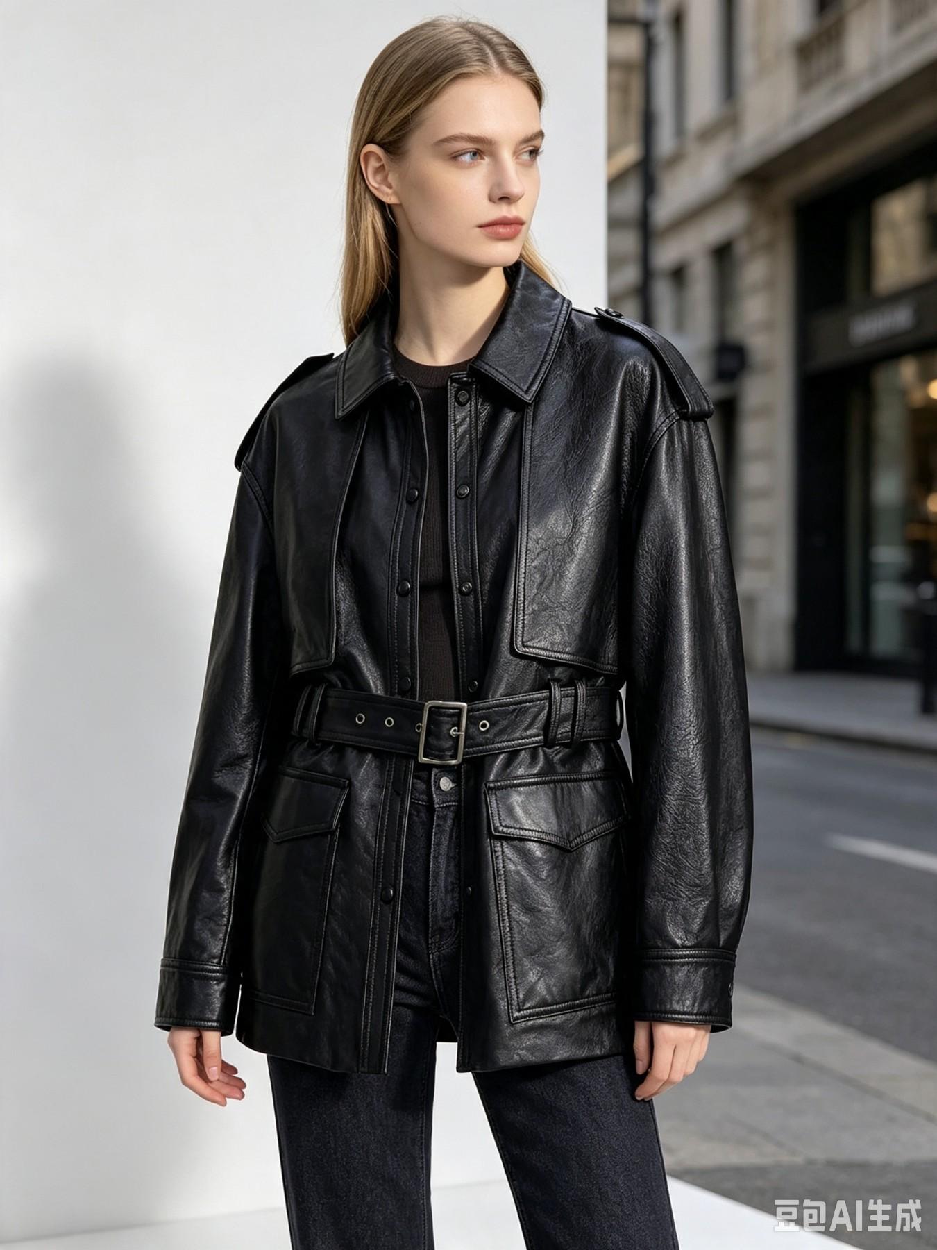 Vintage Style Women's Coat, Lapel Collar Shoulder Patch Design, Waist Belt, Multiple Pockets, Mid-Length, Commuter Jacket