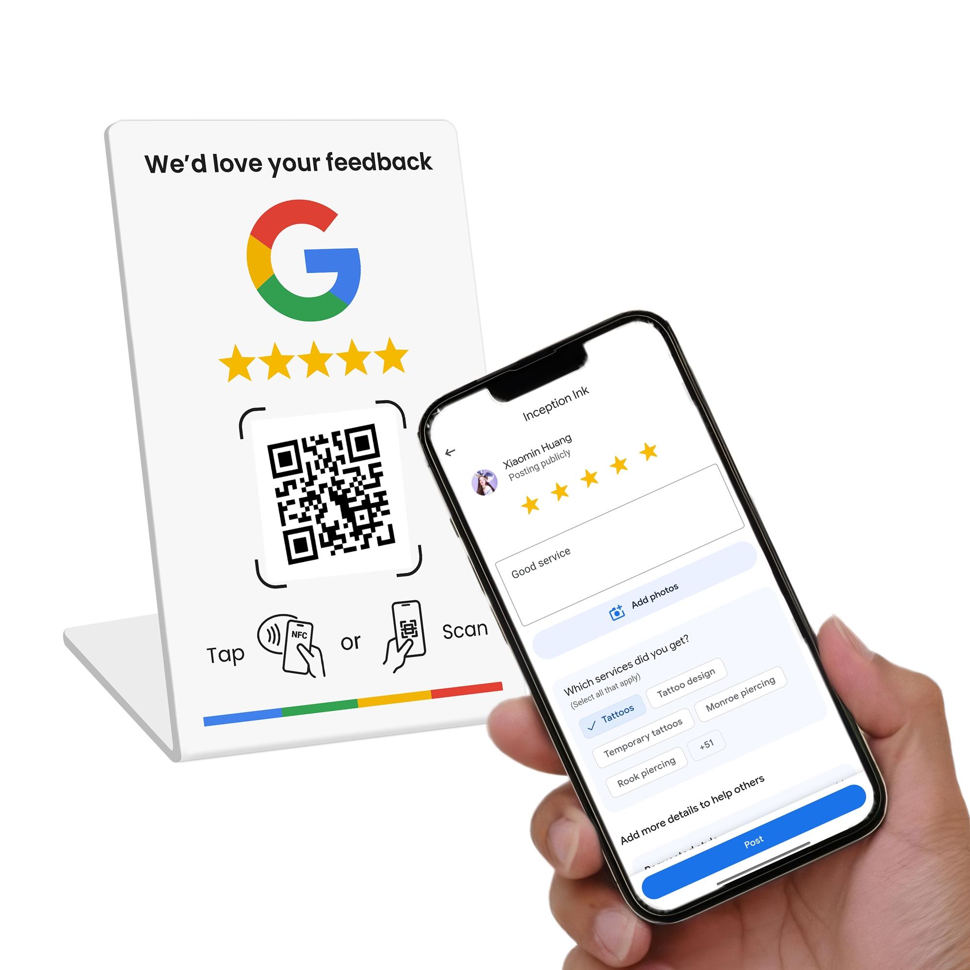 Review Business Stand for Google, NFC Tap & Dynamic QR Code, Easy Setup with Review Link Management, No APP Required, Review Us On Google , Review Sign,five-star rating  for  NFC Rating Card Stand, Flexible Design, Office Desk Accessories