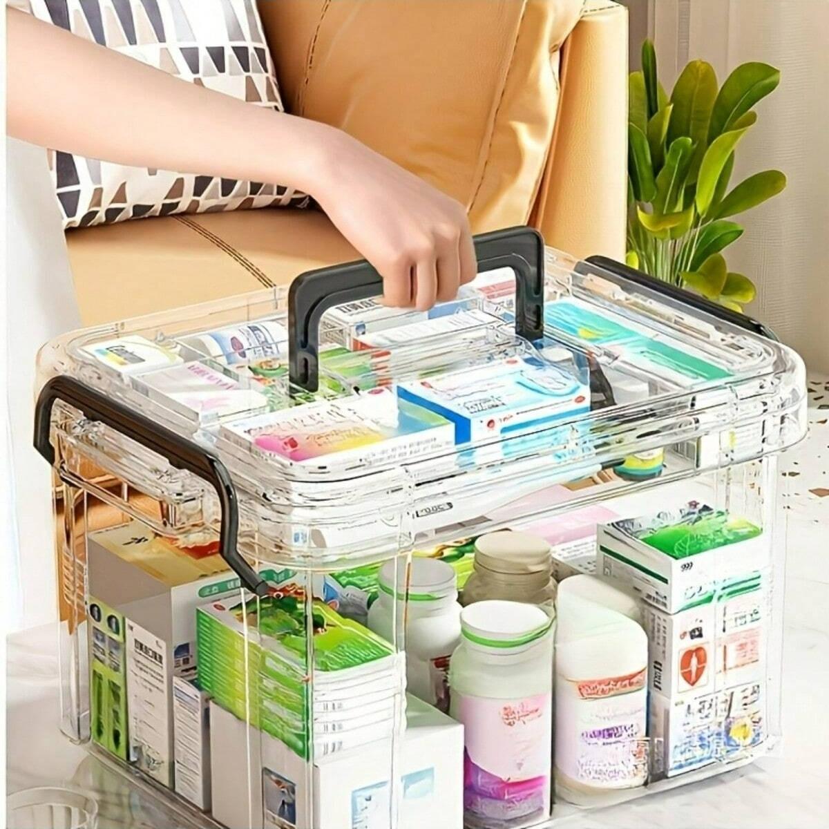 Large Capacity Dual Layer Medicine Storage Box, Waterproof Transparent Organizer, Ideal for Home and Travel, Easy Access and View