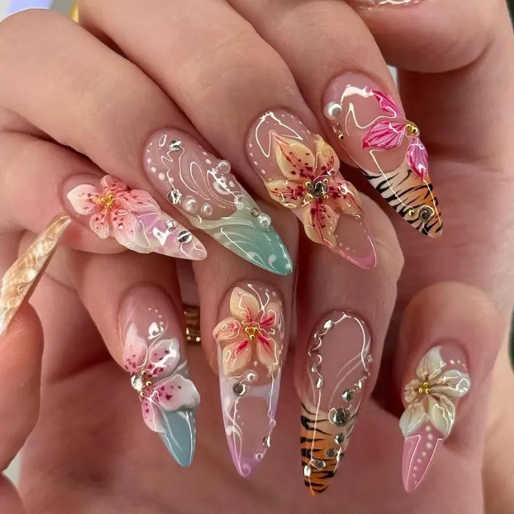 2026 New Almond Press-On Fake Nails - 3D Embossed Gentle Pastel Blooms 3D Floral Shine, Reinforced ABS Body Full Cover Glossy Tips, 24Pcs 10 Sizes Reusable Removable for Beach-to-Office Daily Manicure