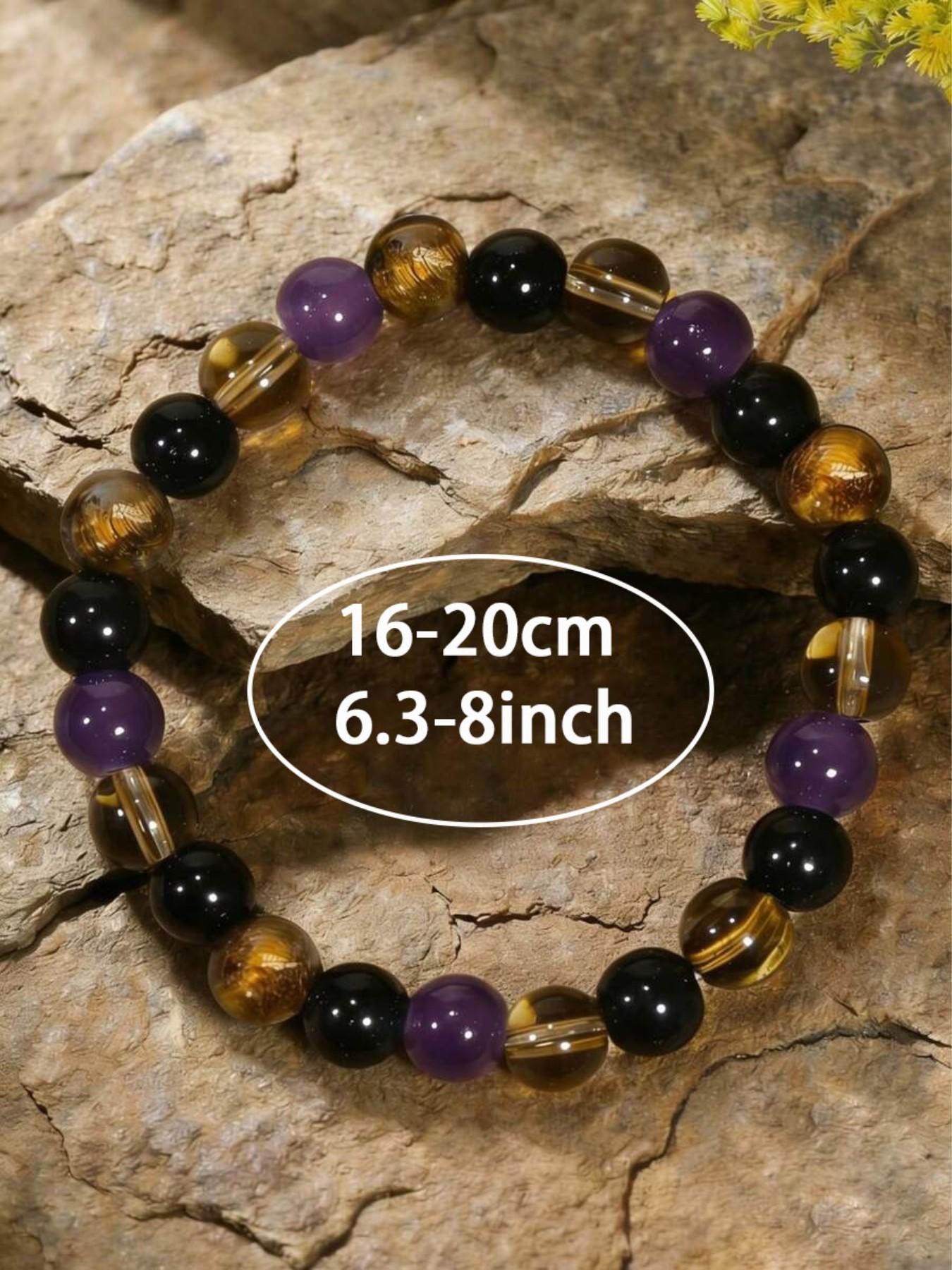 1pc Natural Tigereye & Amethyst Bead Stretch Bracelet, Energy Balancing Crystal Jewelry Gift For Men & Women