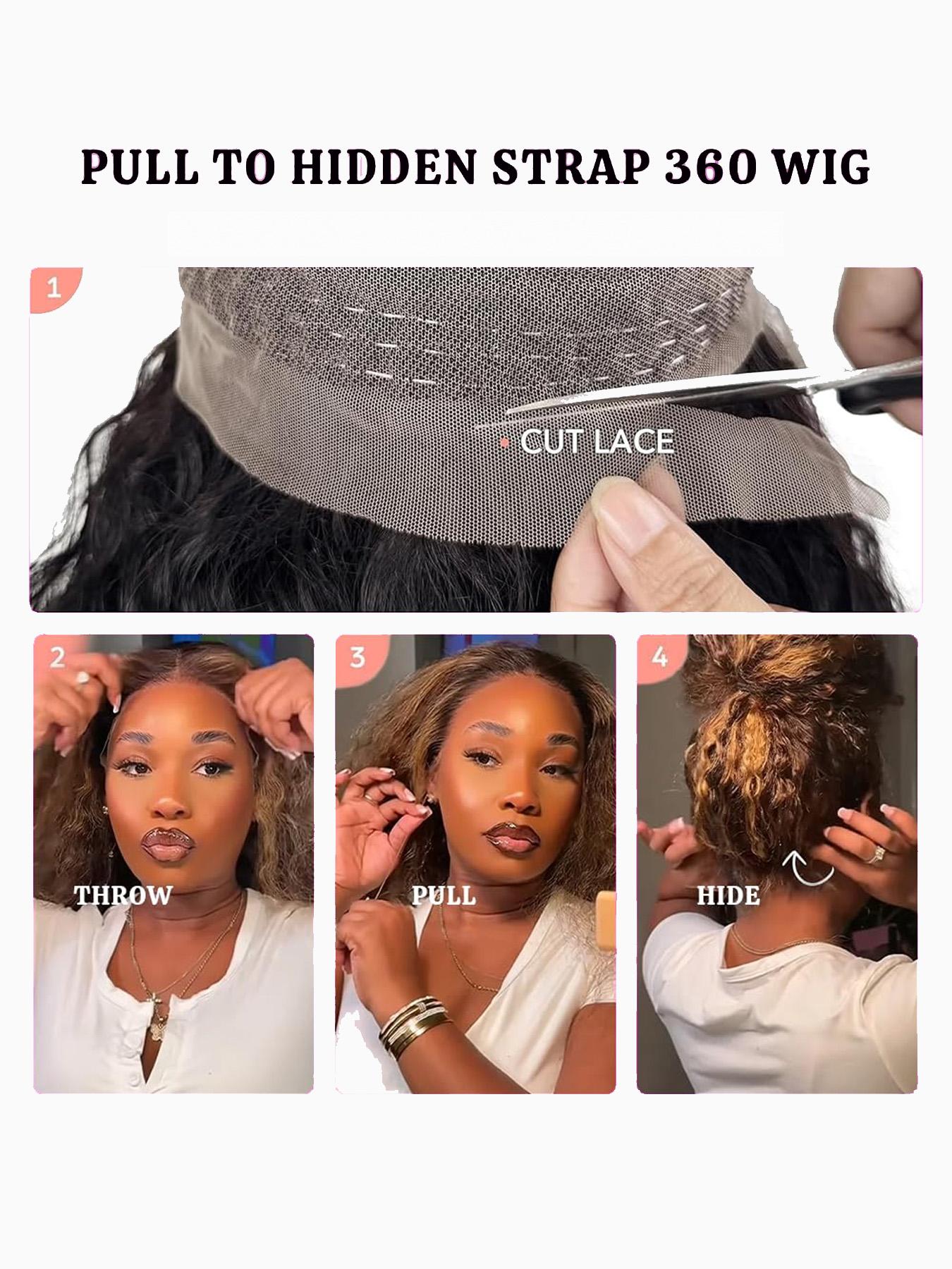 Invisible Drawstring 360 Full Lace Wig Glueless Kinky Curly Human Hair Wigs Hidden Adjustable Strap P4/27 Highlight Transparent Lace Frontal Wig Pre-Plucked With Baby Hair Can Make Ponytail And Bun Multicolor For Women Deep Curly