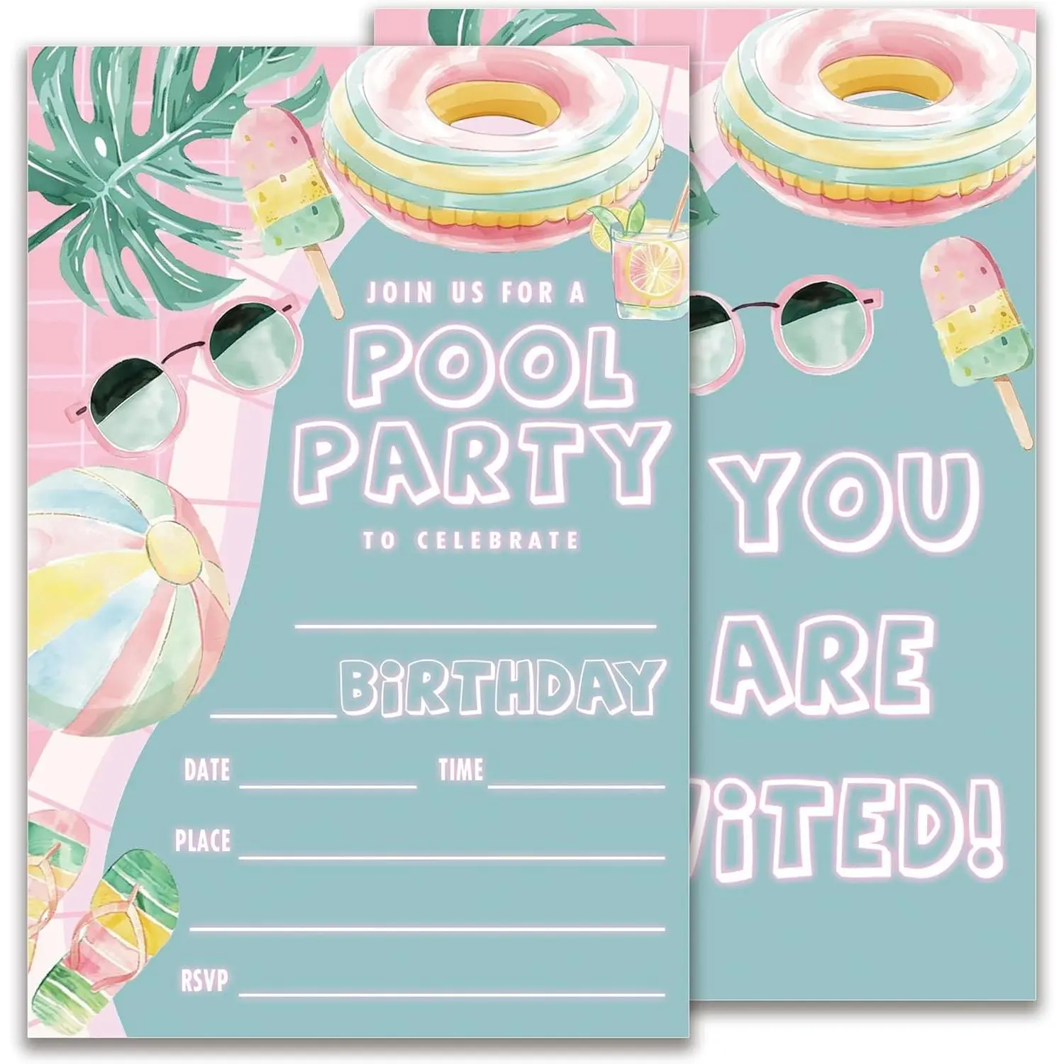 Summer Pool Birthday Party Invitations for Boys Girls 20 Double-Sided 4X6 Inch Fill-In Invite Cards with 20 Envelopes Pool Party Supplies