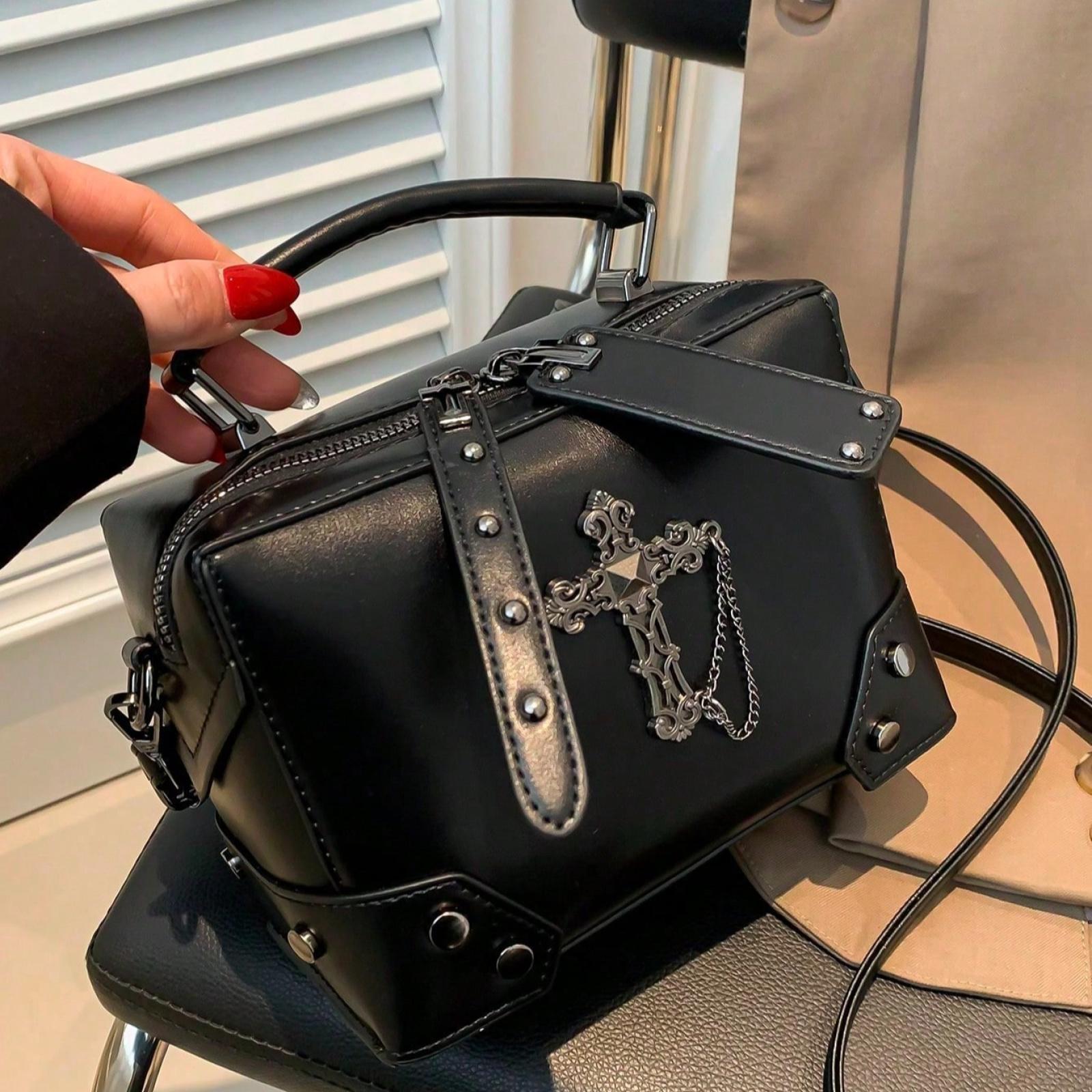 Black Cross Decorated Punk Rock Motorcycle Style Box Bag, Stylish Rivet Detail Shoulder Crossbody Makeup Everyday Bag for Women, Perfect for Daily Use and Dating Gift