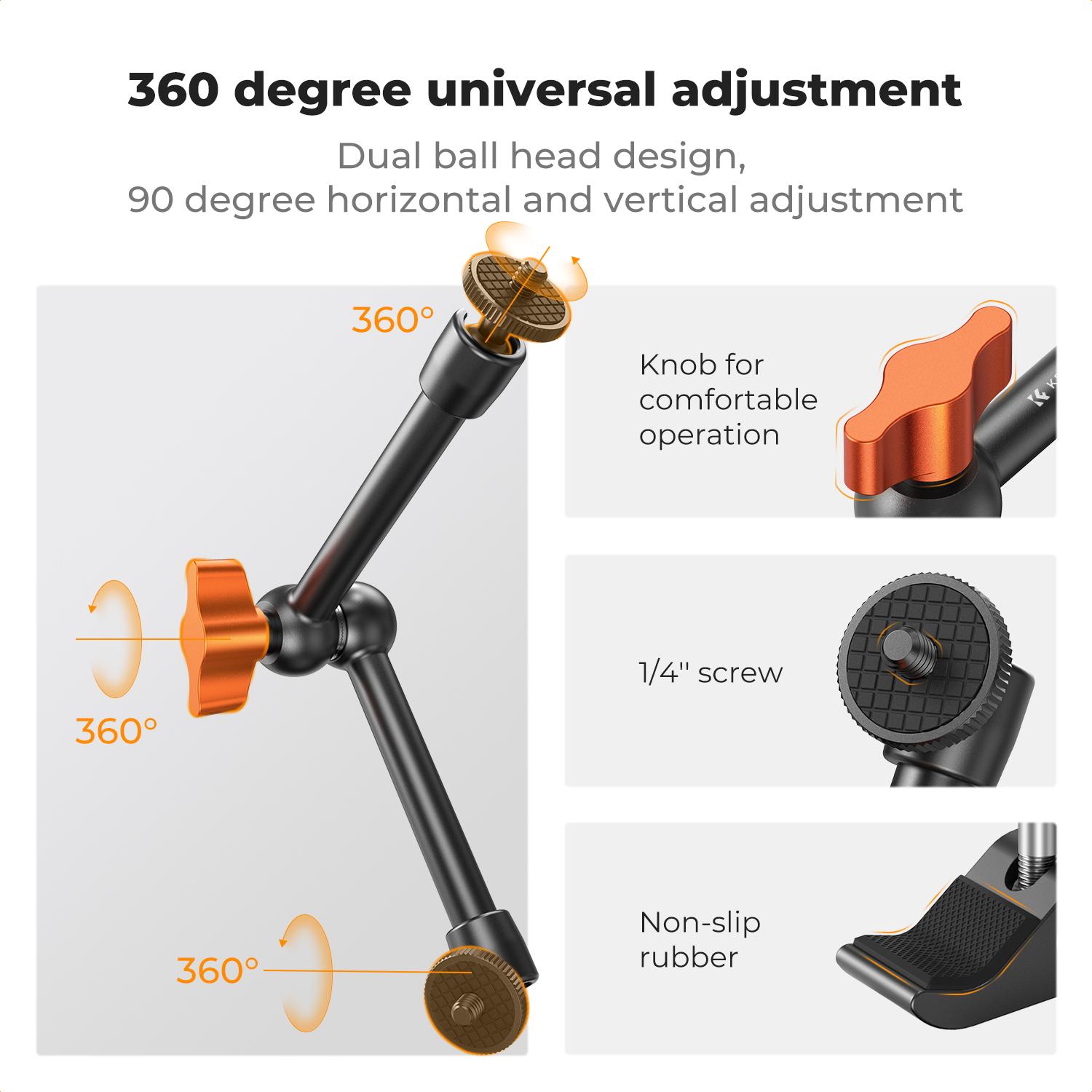 【K&F CONCEPT】  Magic Arm Clamp Kit with 1/4" & 3/8" Thread Screw 360° Ball Heads Articulating Magic Arm Camera Mount for Monitor, Flash, LED Light, Microphone, Camera Cage, Action Camera