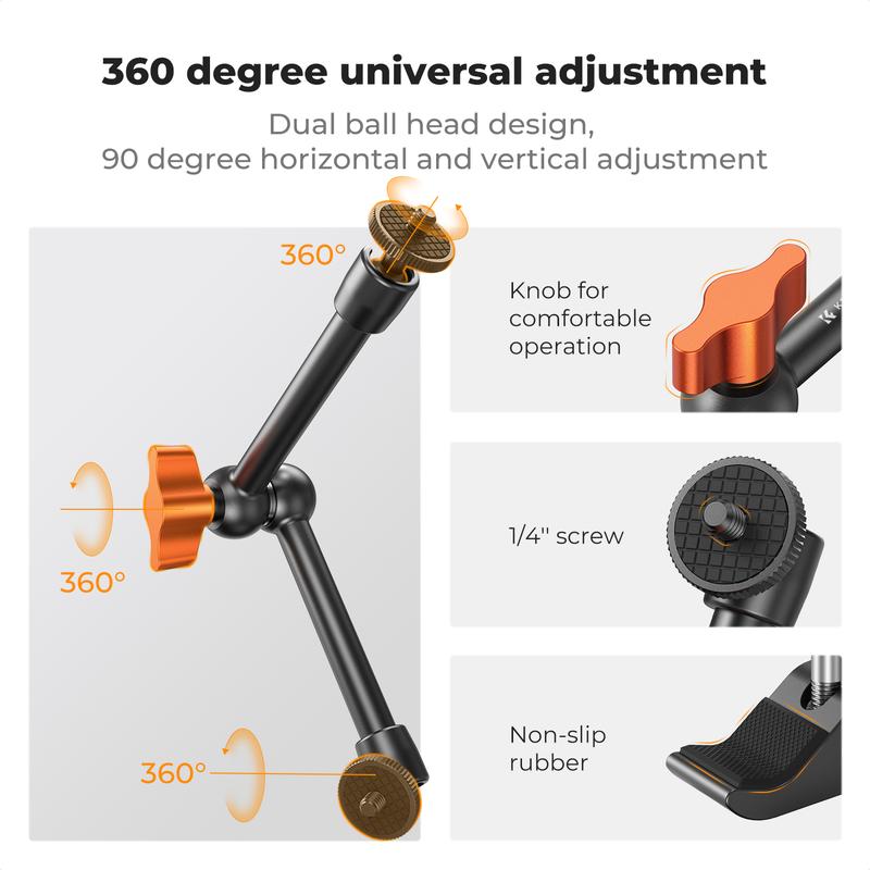 【K&F CONCEPT】  Magic Arm Clamp Kit with 1/4" & 3/8" Thread Screw 360° Ball Heads Articulating Magic Arm Camera Mount for Monitor, Flash, LED Light, Microphone, Camera Cage, Action Camera