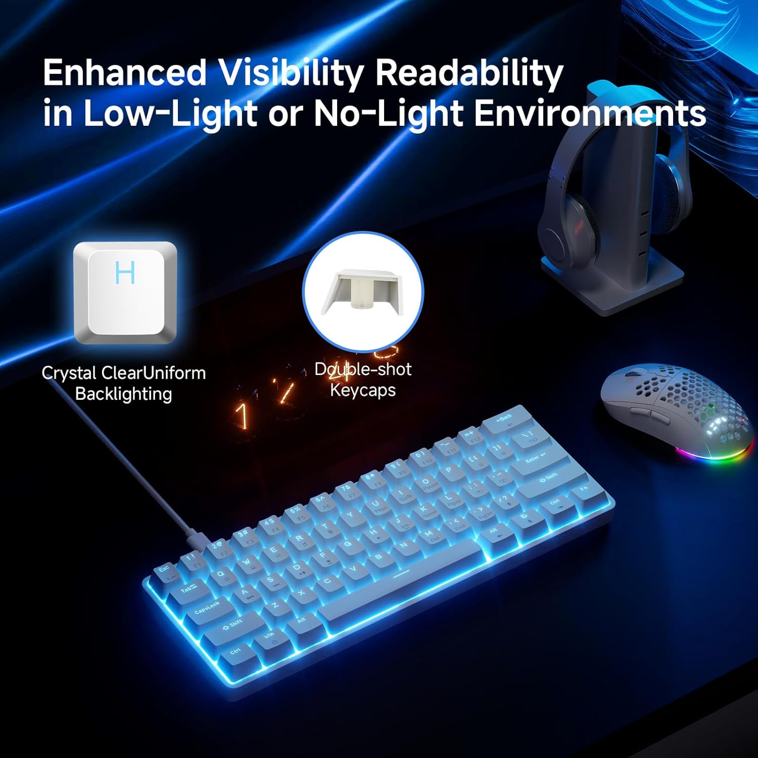 60%  Gaming , Red Linear , LED Backlight, Anti-Ghosting, Detachable USB-C, Double-Shot Keycaps, 61 , Wired, White