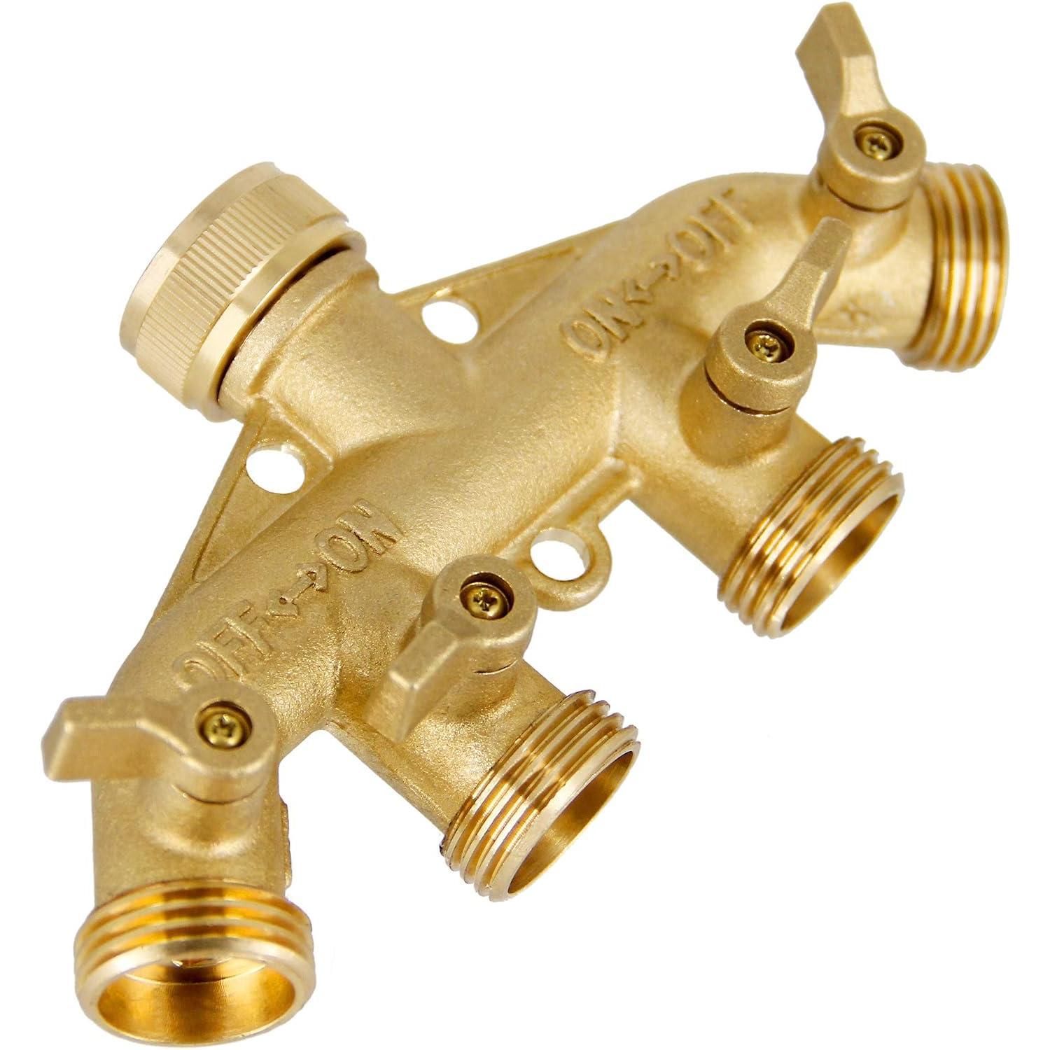 4 Way Brass Hose Splitter, 3/4" Heavy-Duty Brass Garden Hose Splitter, Garden Hose Adapter Connector