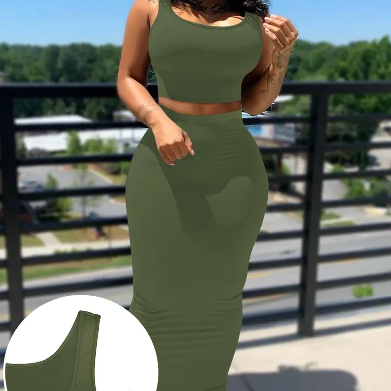 2-Piece Breathable Sexy Sporty Casual Slim Fit Knit Crop Sleeveless Tank Top & High-Waisted Skirt Set for Beach, Vacation and Date, Street Style Aesthetics Womenswear