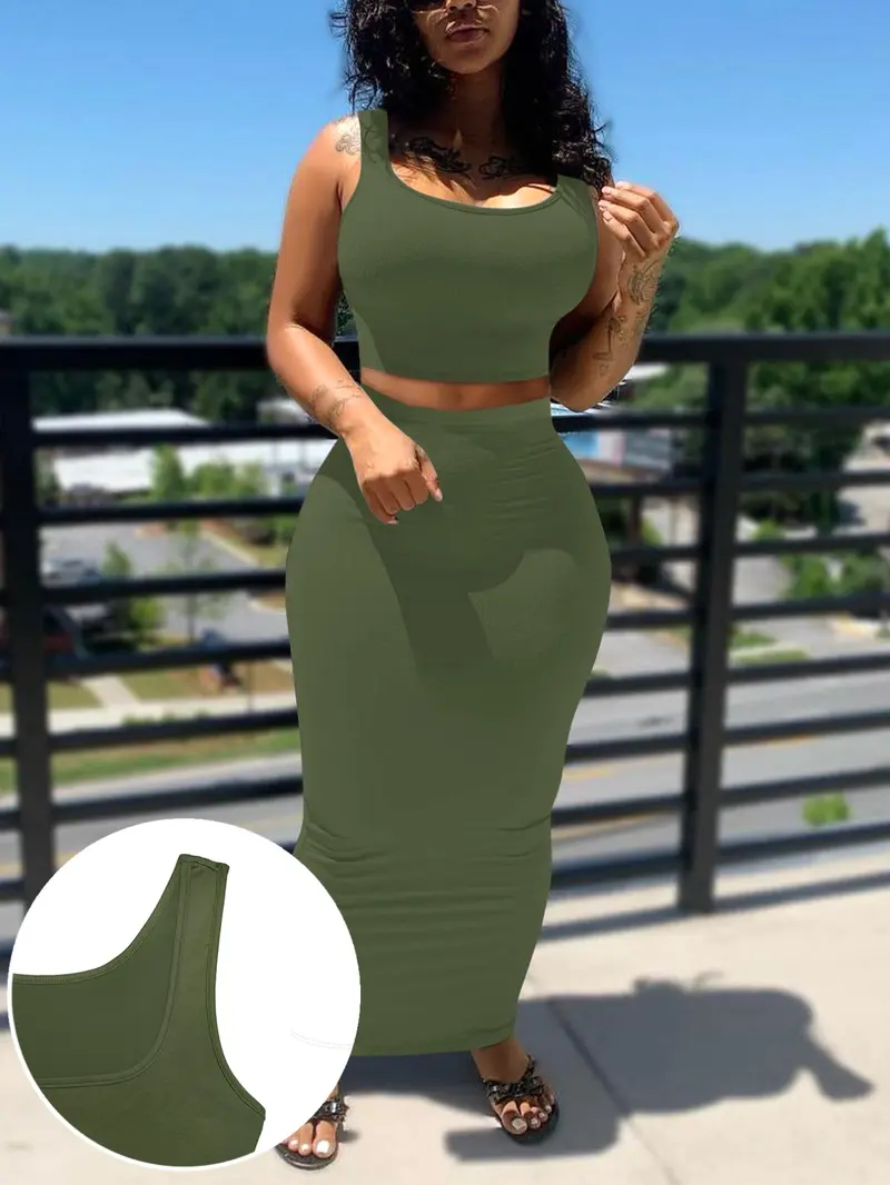 2-Piece Breathable Stretchy Sexy Sporty Casual Slim Fit Knit Crop Sleeveless Tank Top & High-Waisted Skirt Set for Beach, Vacation and Date, Street Style Womenswear