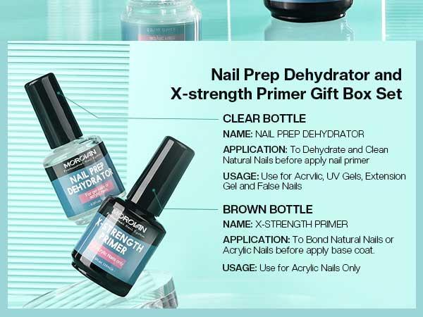 Morovan Nail Prep Dehydrator and Nail Primer X-strength, No Burn Non Acid Nail Primer and Dehydrator for Acrylic Powder Fast Dry 0.5oz Nail Primer Set