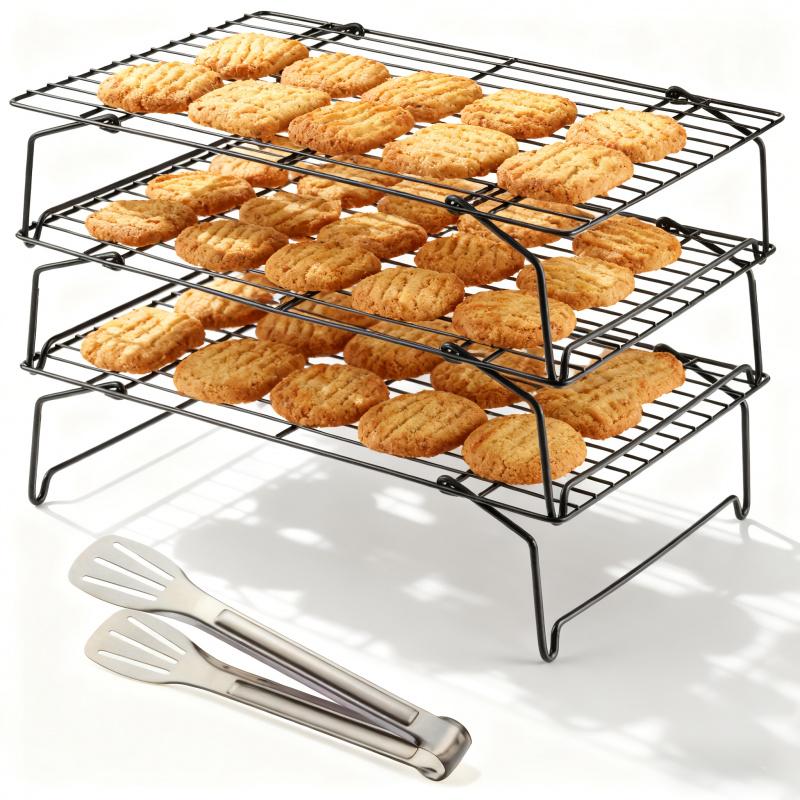 4-Piece Stackable Cooling Rack with Food Clips, Heavy-Duty Foldable Metal Kitchen Storage Rack, Oven-Safe and Dishwasher Safe