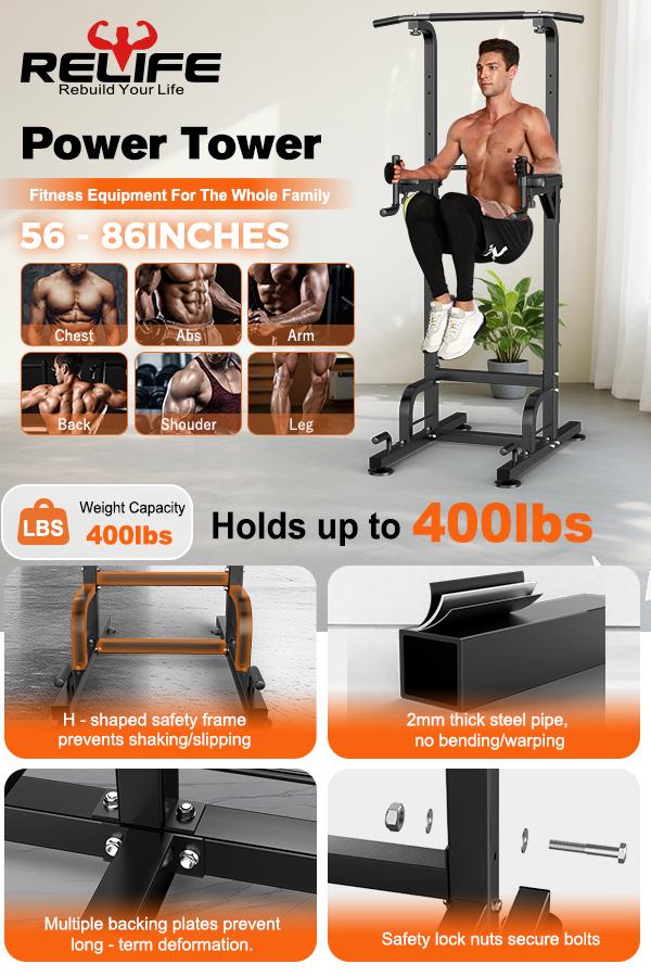 RELIFESPORTS Power Tower Pull Up Bar Heavy-Duty Dip Station Adjustable Height 10 Levels for Home Gym Strength Training Multipurpose Arm Shoulder Exercise Equipment Vertical Knee Raise Core SpringStatements