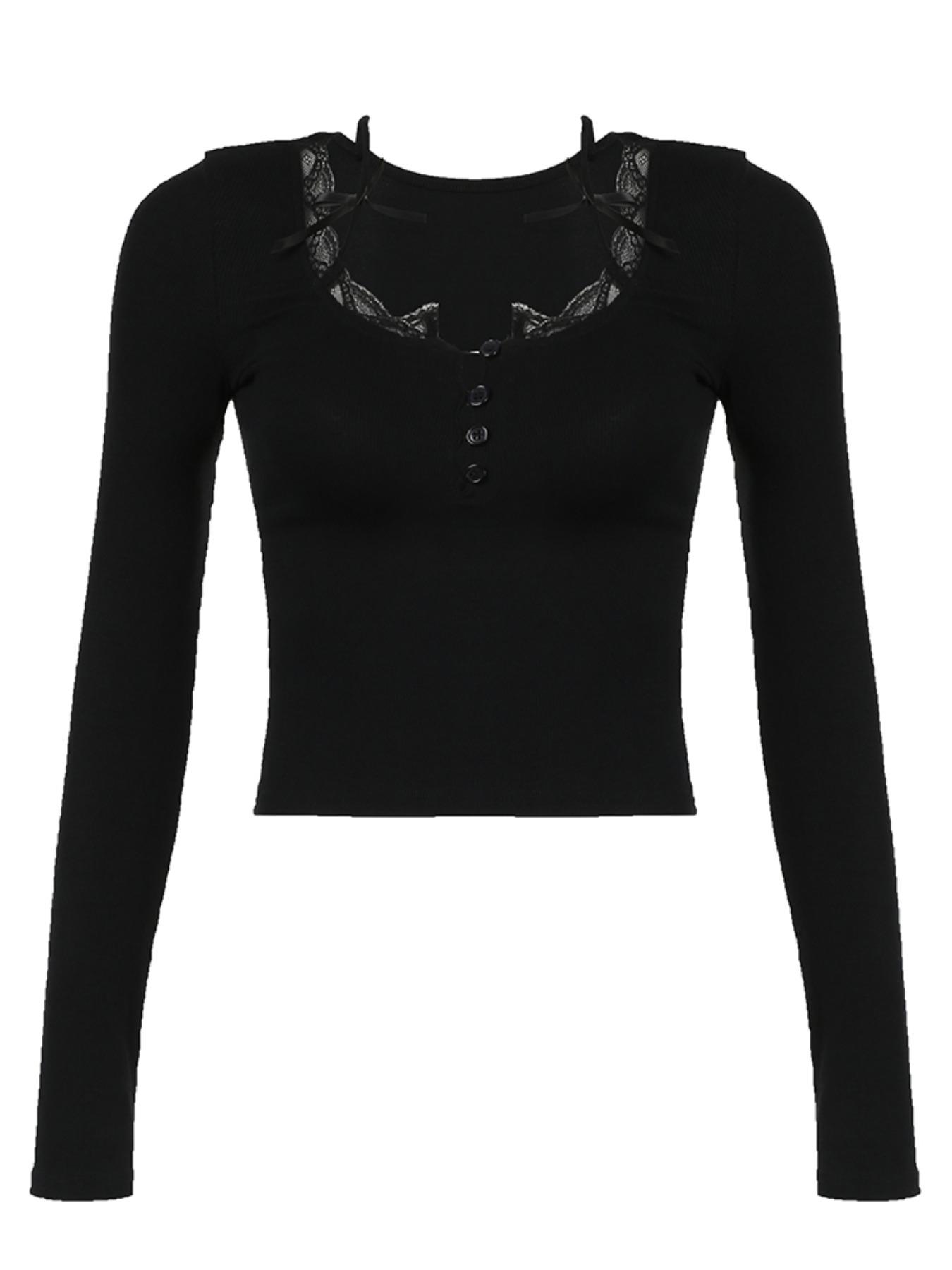 Women's Plain Lace Trim Bow Decor Tee, Y2K Trendy Casual Long Sleeve T-shirt for Spring & Fall, Women's Clothes for Daily Wear, Cute Tops, Feminine
