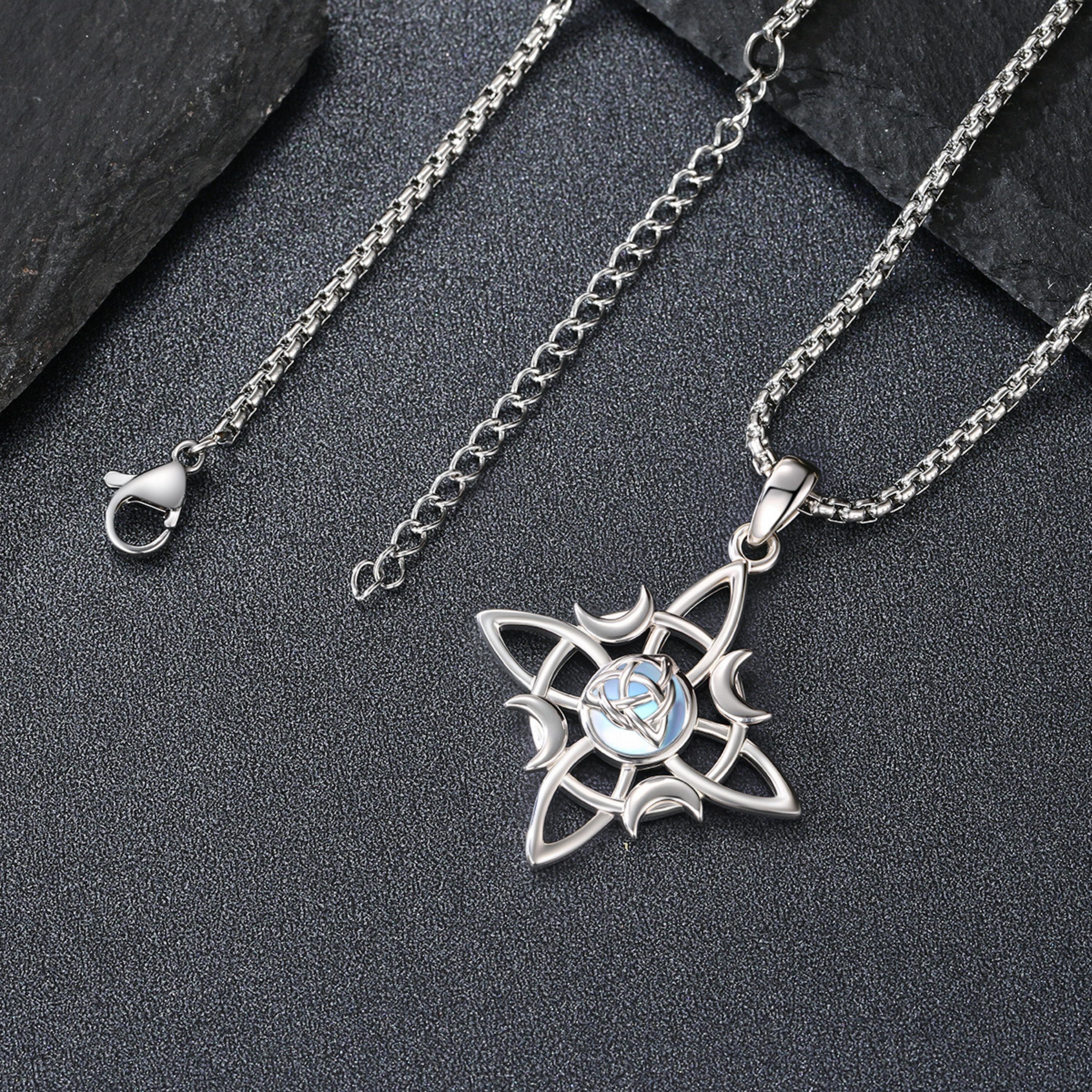 DRINSPER S925 Witch‘s Knot Necklace with Moonstone Celtic Knot 925 Sterling Silver Witches Knot Pendant Wicca Moon Irish Celtic Triple Moon Trinity Knot Design, Protection Mysticism Amulet Jewelry Accessories Gift for Girls Women TikTokShopBlackFriday