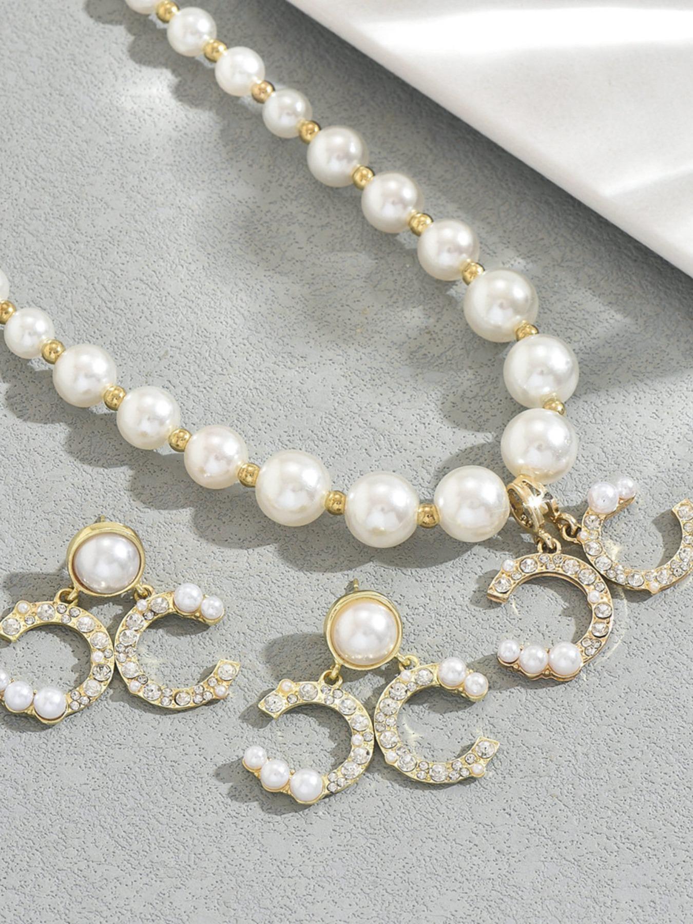 Women's Necklace Set, Geometric C-Shape Diamond Design Earrings Long Pearl Chain, Elegant Jewelry Gift for Her