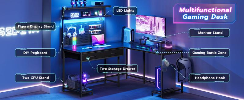 SEDETA L-Shape Gaming Desk Computer Desk with LED Lights Hanging Panel and Drawer with Brackets and Storage Shelves Home Office Corner Desk Modern