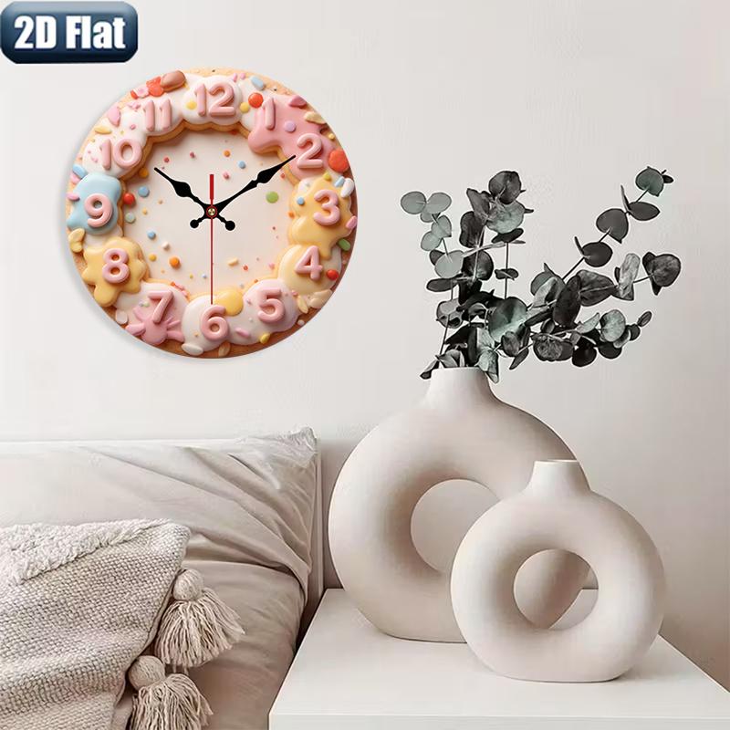 2D flat design. 1 piece set. Sweet Donut Cookie Creative Wall Clock, Silent Decorative Wall Clock, Creative Wall Clock, Suitable for Bedroom, Living Room, Office Decoration, 25/30 cm (excluding AA batteries), 2D Flat Version