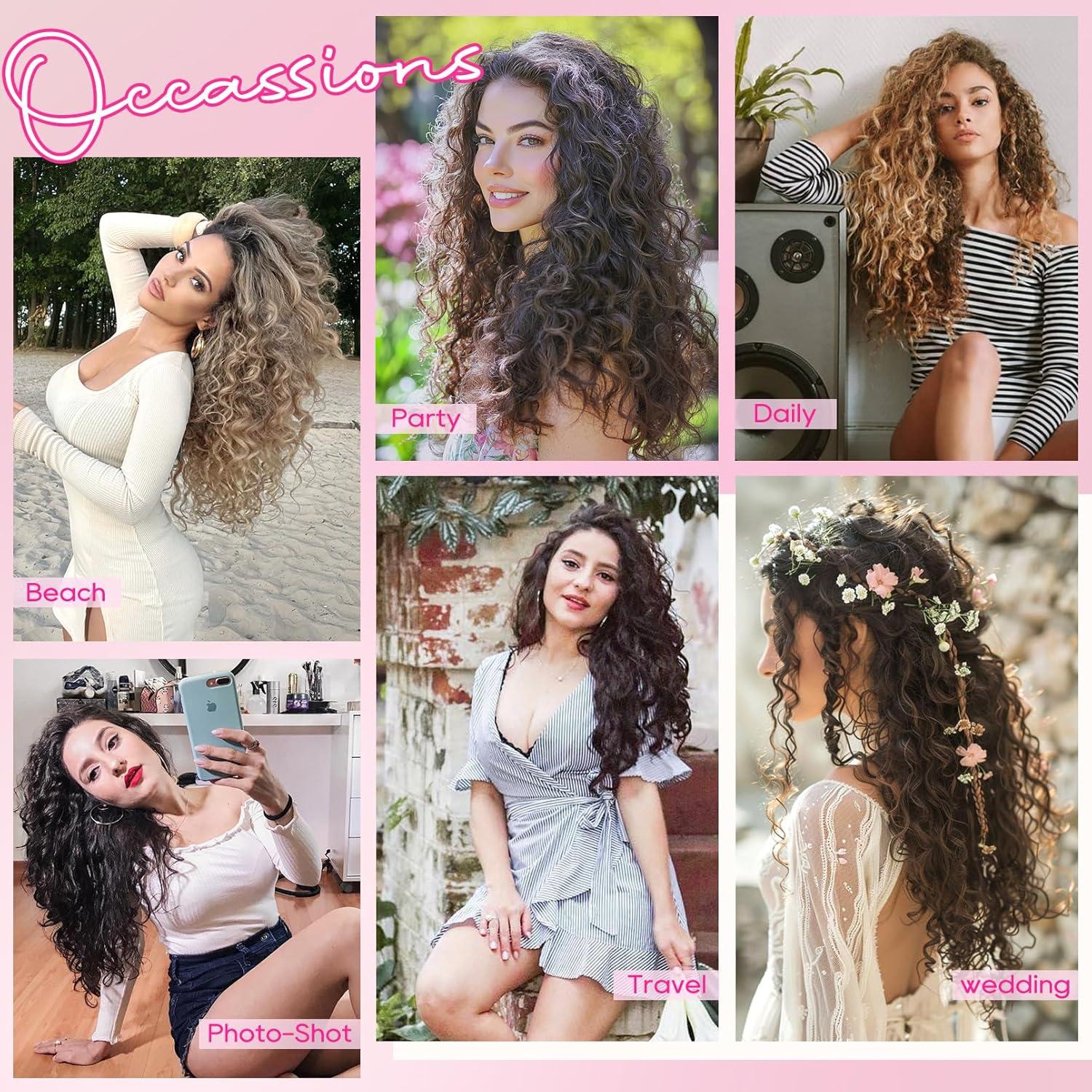 Curly Hair Extensions, 4PCS 16inch Clip in Hair Extensions Lace Weft Short Curly Hair Extensions Clip Ins Invisible Natural Hairpieces for Women, Chocolate Brown