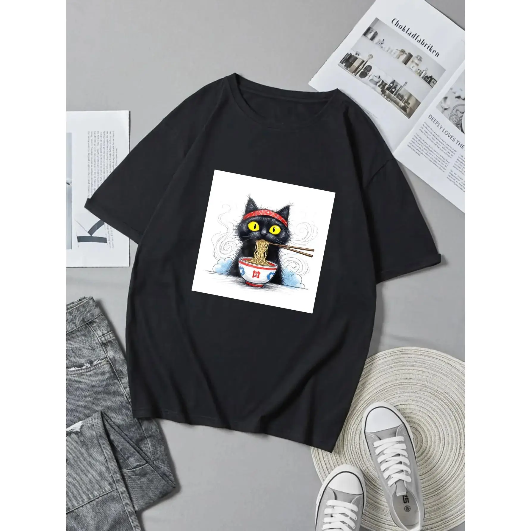 Men's Black Cat Eating Ramen Graphic T-Shirt, Classic Short Sleeve Streetwear Top for Funny Casual Style, Tshirt, Shortsleeve, Menswear, Print