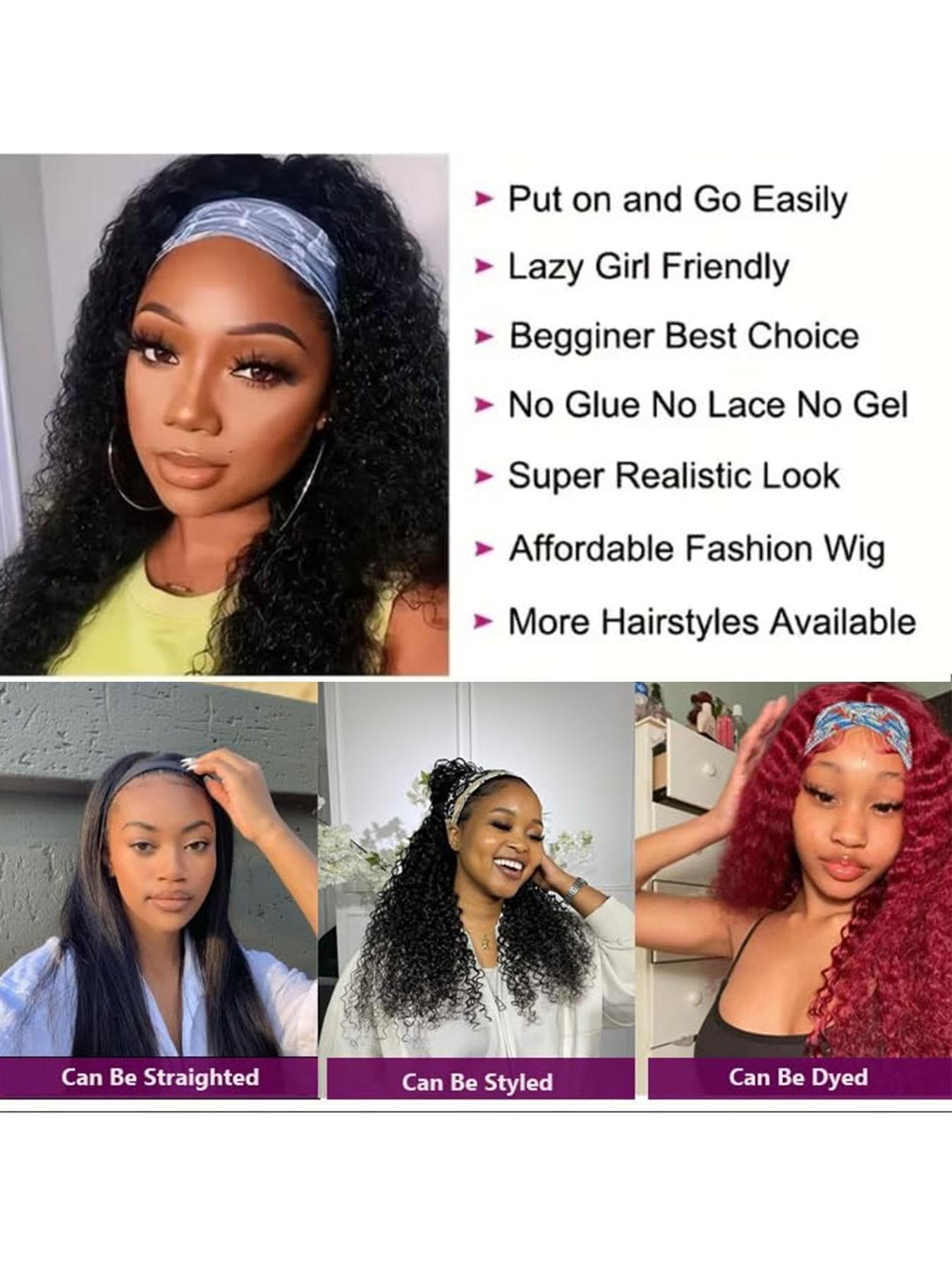 Headband Wig Synthetic Hair Deep Wave, Deep Wavy Hair, 24 Inch Glueless Brazilian Virgin Hair, No Lace Front, Machine Made, for Women