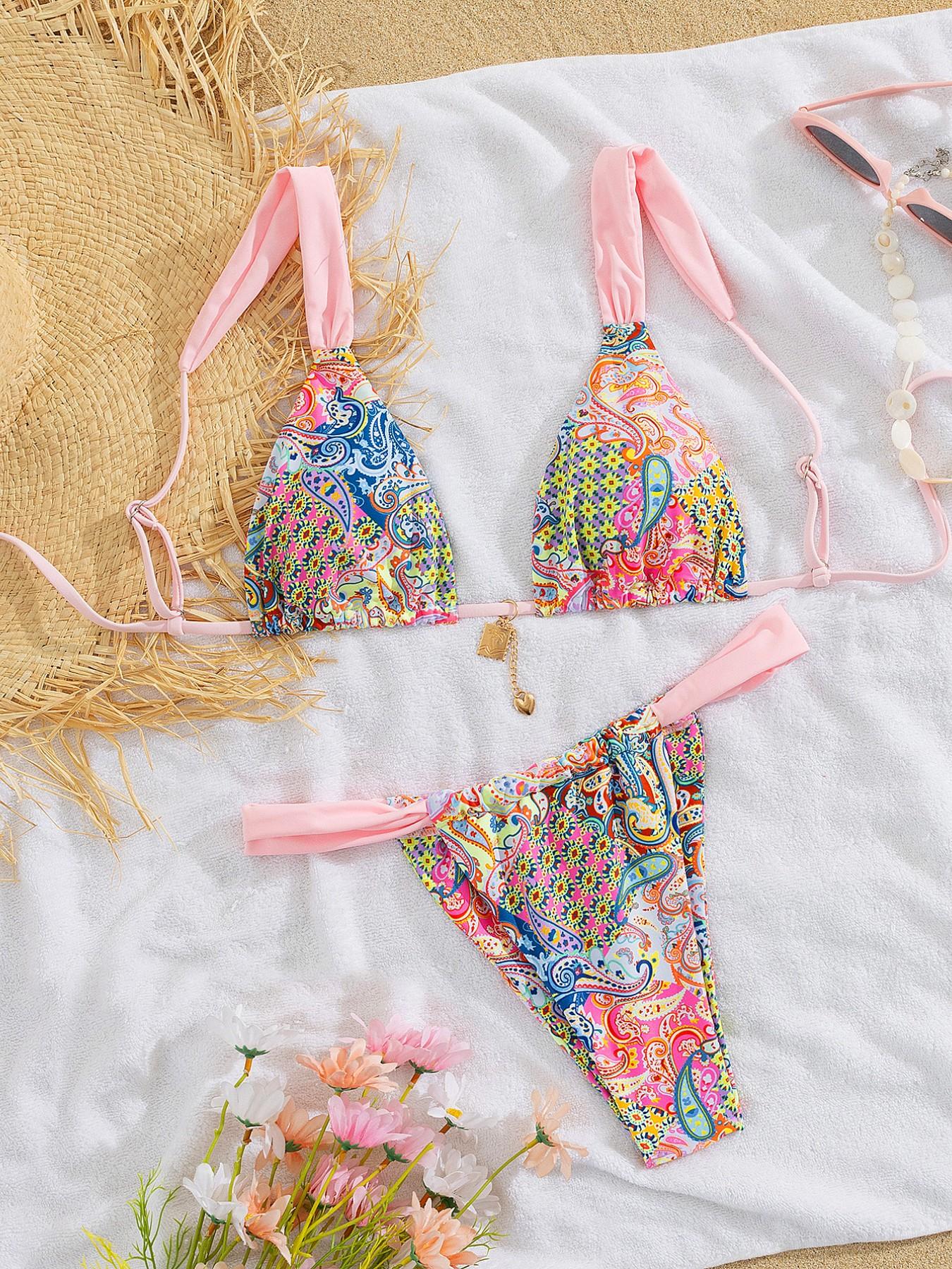 Women's Patchwork Print Bikini Set, Casual Adjustable Strap Tie Back Swim Top & Swim Bottom, Women's Swimsuit for Summer Beach Holiday Vacation, Patchwork Bikini Sets