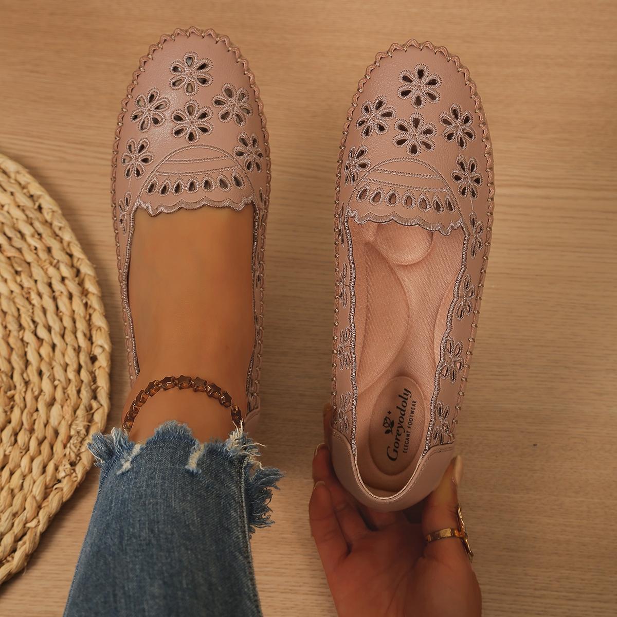 Goreyodoly Womens Wide Fit Round Toe Casual Slip On Flats, Breathable Slip Ons, Hollow Floral Lightweight Comfortable Walking Shoes All Season Office Travel Commuting Home Wear Soft Cushioned Insole Rubber Slip Resistant Durable Versatile Footwear